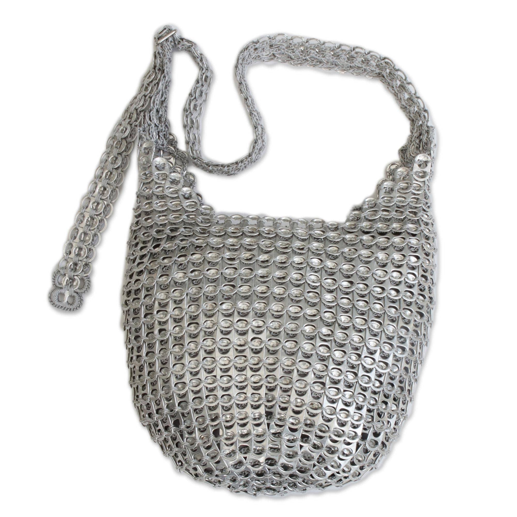 Novica Eco-Friendly Silver Soda Pop-Top Bucket Handbag - Stylish & Sustainable Women's Shoulder Bag for Casual Outings & Beach Trips