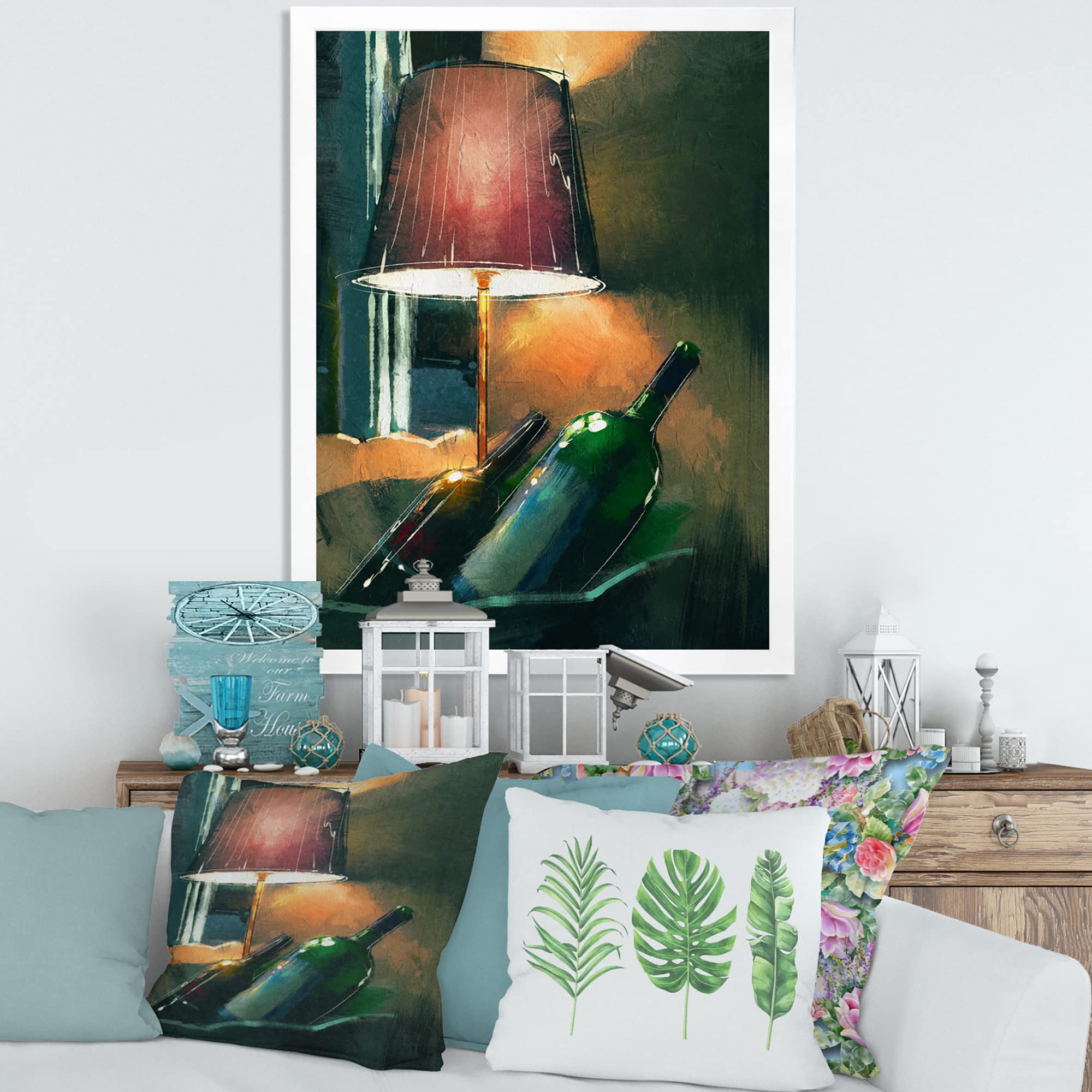 DesignQ Glowing Orange Wine Bottles & Lamp - Modern Framed Wall Art for Home Decor, Perfect for Living Room, Bedroom or Bar Lighting at Night