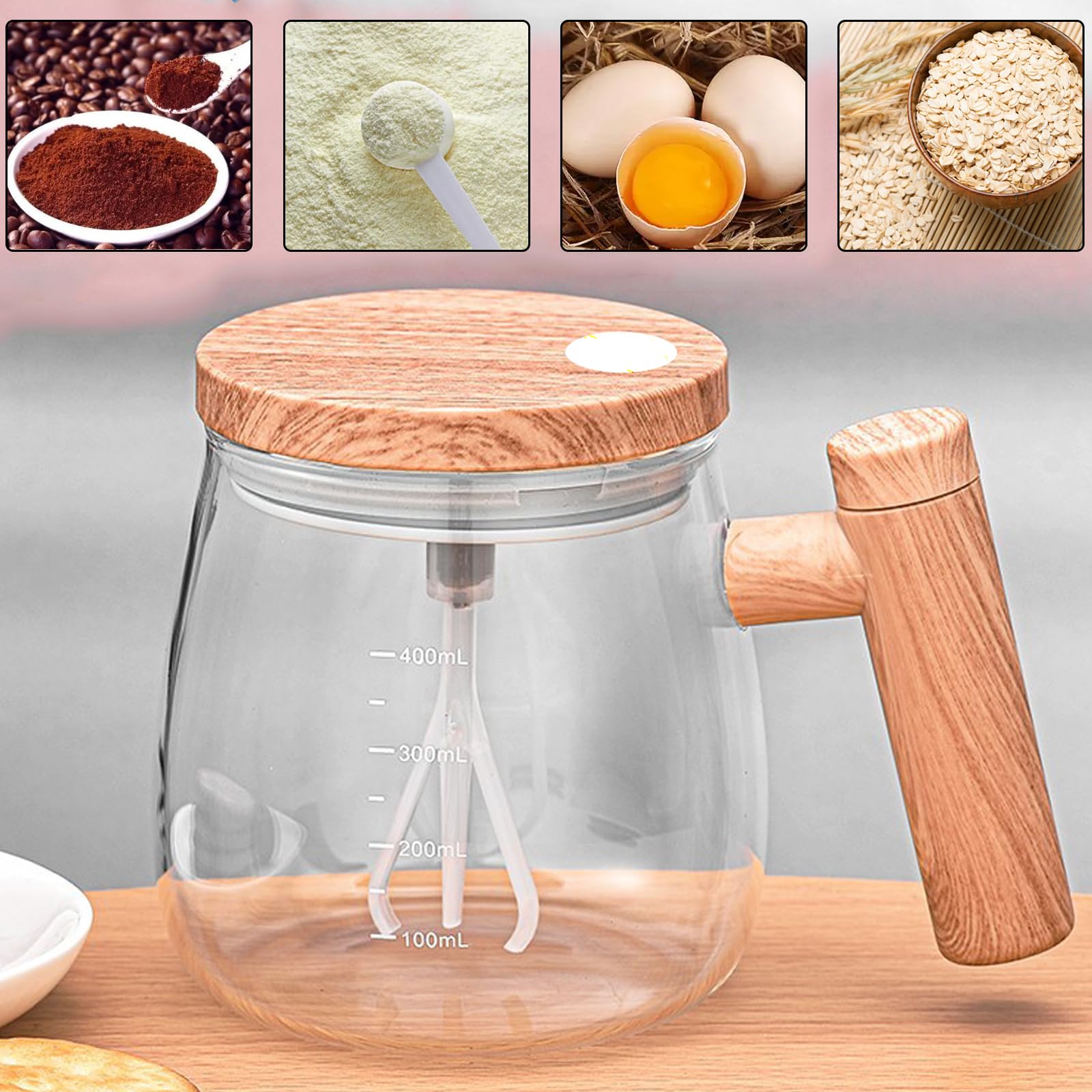14oz Electric Self Stirring Coffee Mug with Lid - Automatic Mixing Cup with Detachable Stirring Rod for Coffee, Milk, Kale & Matcha - Transparent Design - Perfect for Office, Home & Travel Use