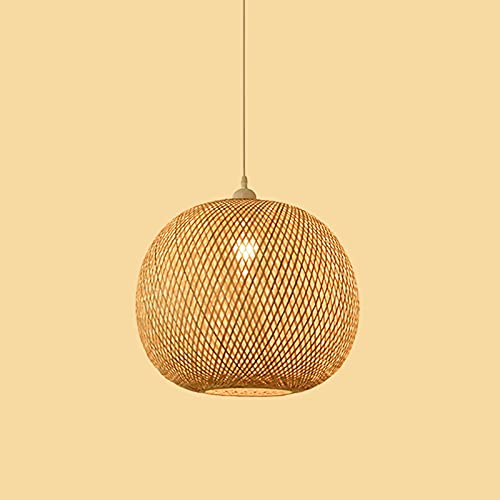 LITFAD Hand-Woven Asian Style Bamboo Pendant Light - Adjustable Cord 1 Bulb Hanging Fixture in Beige for Dining Room, Living Room, Restaurant - Perfect for Boho Decor, Zen Atmosphere & Cozy Home Lighting