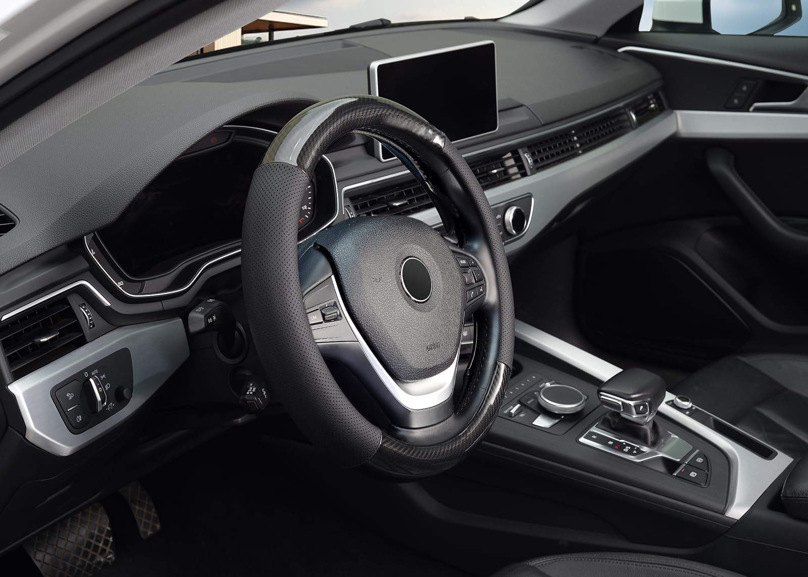 KAFEEK Classic 15 Inch Universal Carbon Fiber Steering Wheel Cover - Breathable Microfiber Leather (Black) | Perfect for Cars, Trucks & SUVs - Enhances Grip & Comfort for Daily Driving & Road Trips