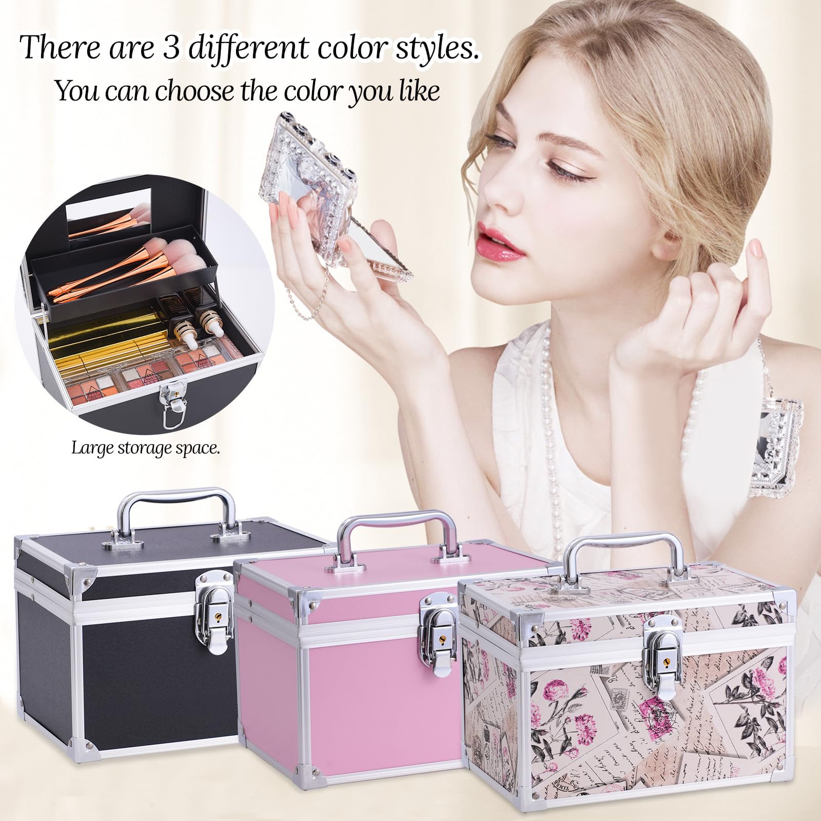 Portable Lockable Makeup Train Case with Mirror & Trays - 6.3