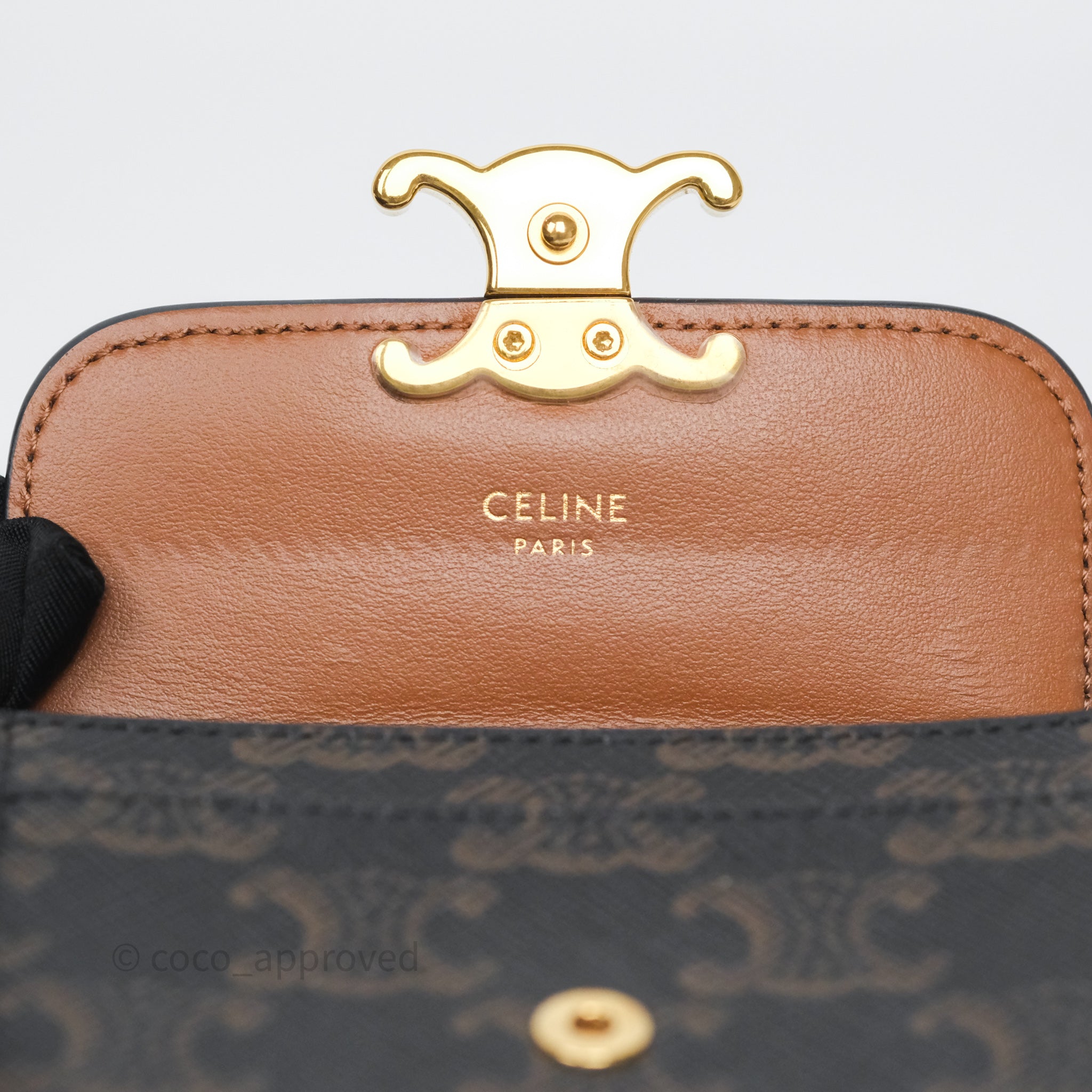 Celine Triomphe Canvas Card Holder with Flap - Tan Leather Wallet for Women | Perfect for Everyday Use & Travel Essentials
