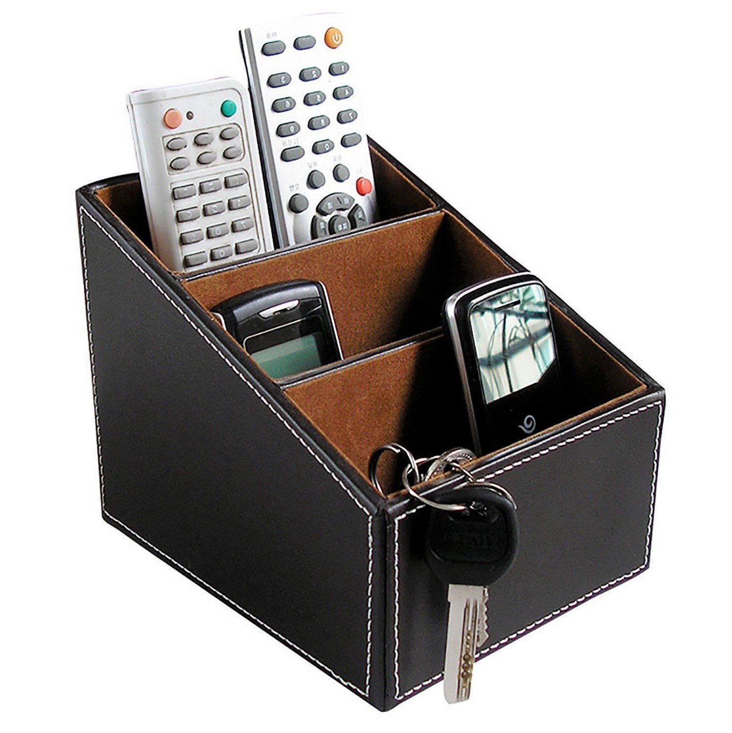 Premium Brown PU Leather Remote Control Holder - TV Guide & CD Organizer - Stylish Remote Caddy for Living Room, Bedroom & Office - Perfect for Sofa, Desk & Entertainment Center Organization