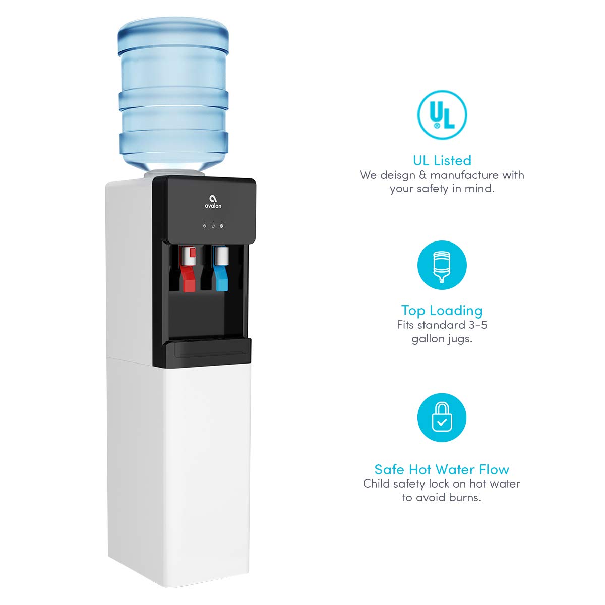 Avalon A2 Top Loading Water Cooler Dispenser - Hot & Cold Water with Child Safety Lock, Slim Space-Saving Design for 3 & 5 Gallon Bottles - UL/Energy Star Certified (White) - Perfect for Home, Office, or Dorm Room Hydration