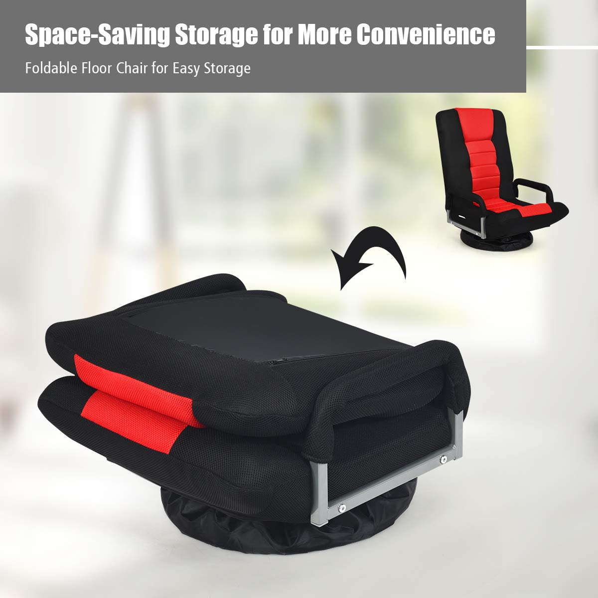 Giantex 360 Degree Swivel Floor Chair - Adjustable Backrest with Lumbar Support & Armrests, Foldable Lazy Sofa Rocker for Living Room, Bedroom, TV Watching, Reading & Gaming (Black/Red) - Comfortable Floor Seating for Small Spaces & Relaxation