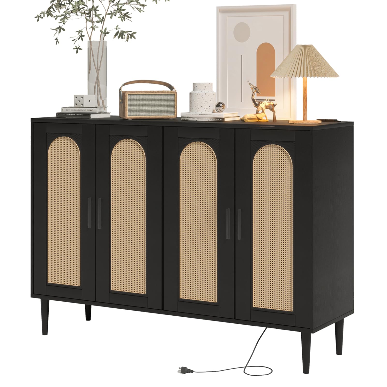 Modern Sideboard Buffet Cabinet with 4 Rattan Doors - Coffee Bar Console Table with Built-in Power Outlet & Adjustable Shelves - Stylish Storage Solution for Dining Room, Kitchen, Living Room or Hallway - Perfect for Entertaining, Displaying Decor & Organizing Essentials (Black)
