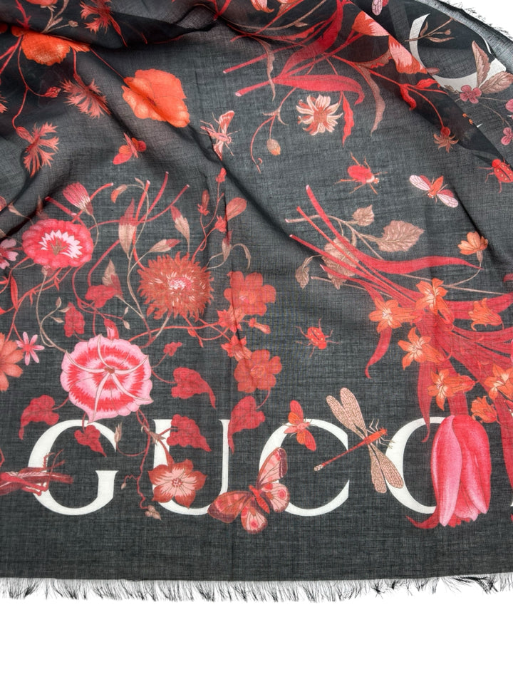 Gucci Black Floral Silk Scarf for Women - Luxury Designer Fashion Accessory for Parties, Weddings & Special Occasions