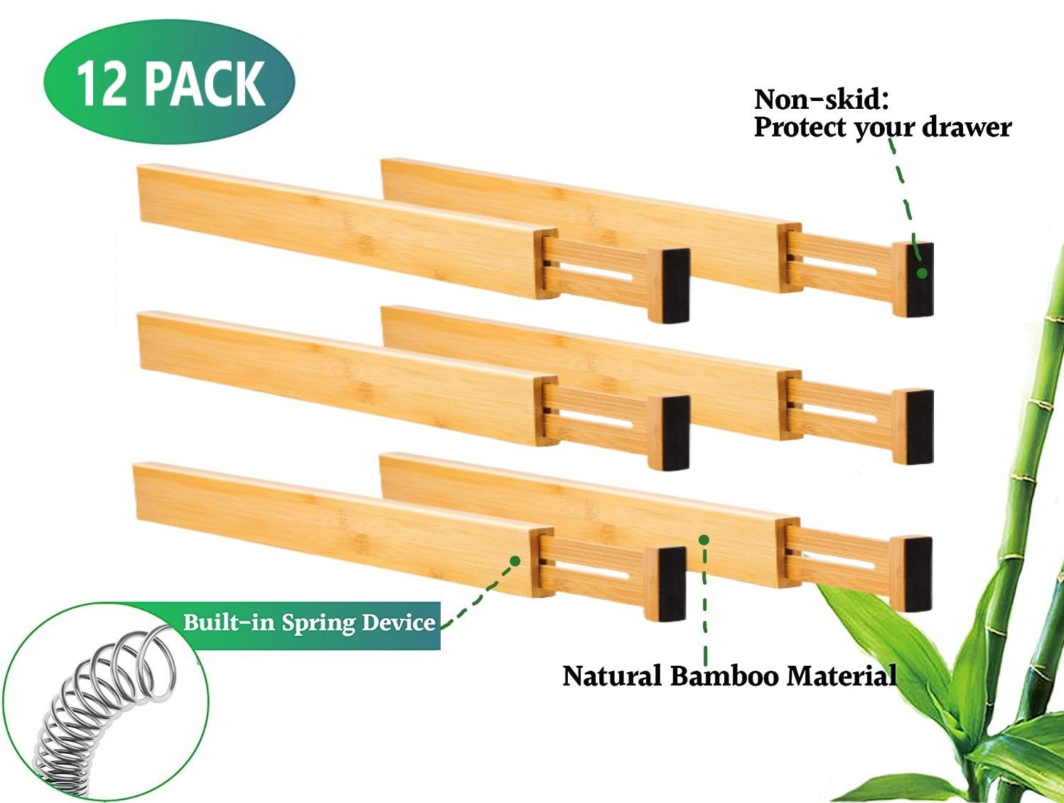 12 Pack Bamboo Adjustable Kitchen Drawer Organizers - Large Size (44-55cm) for Utensils, Spices & Cutlery - Perfect for Pantry, Office & Bathroom Storage