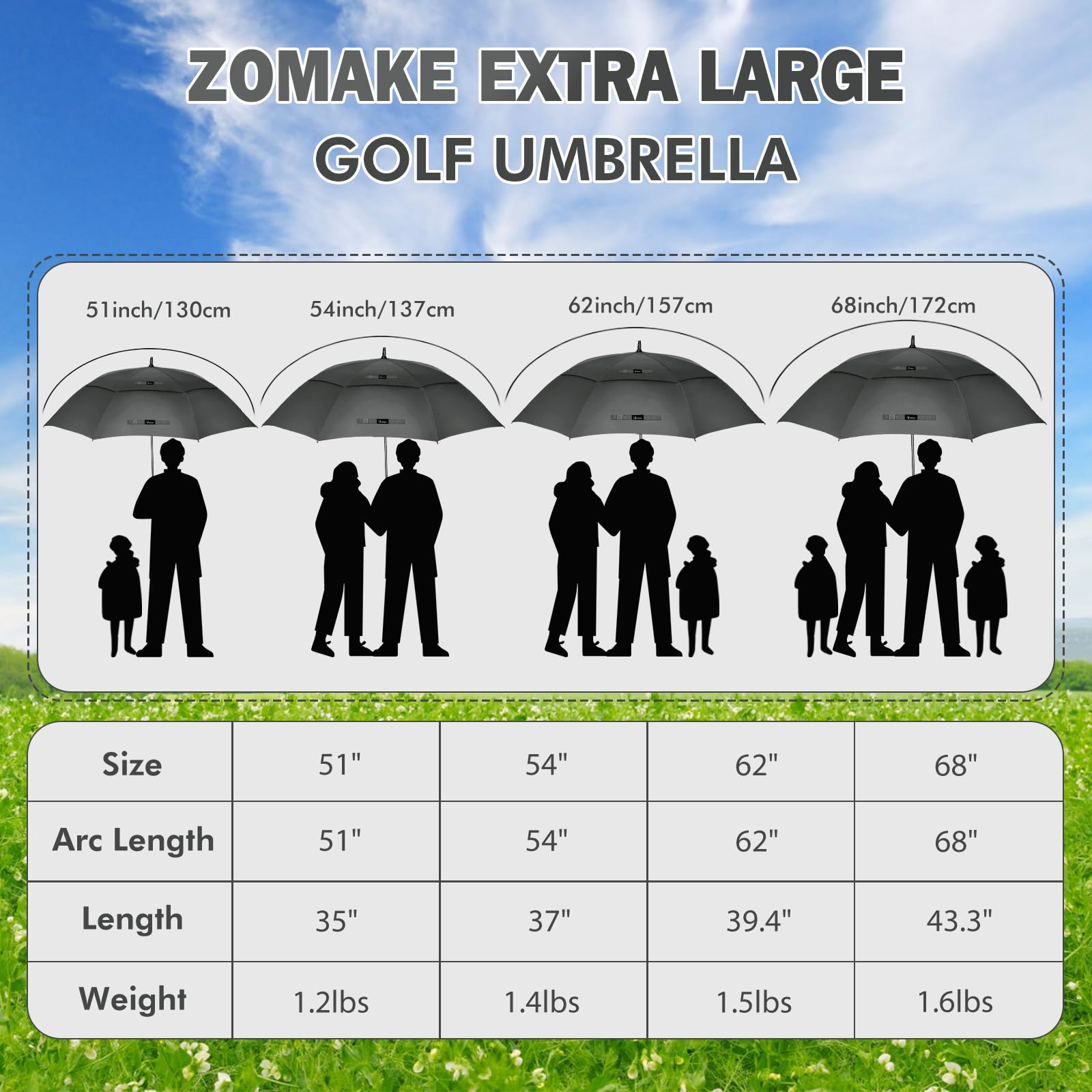 ZOMAKE 51/54/62/68 Inch Windproof Golf Umbrella - Automatic Open Double Canopy Vented Oversize Umbrella for Men & Women | Perfect for Golfing, Walking, Beach, Outdoor Events & Heavy Rain Protection