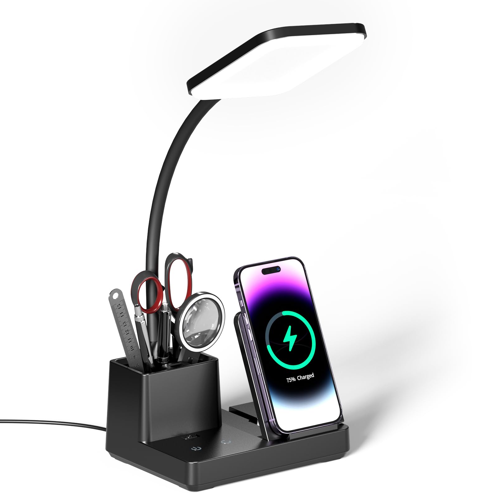 Wireless Charging Desk Lamp with USB Port - Dimmable LED Table Lamp for Home Office, 3 Color Modes & Pen Holder | Eye-Caring Study Light for Reading, Working, and Nightstand Use