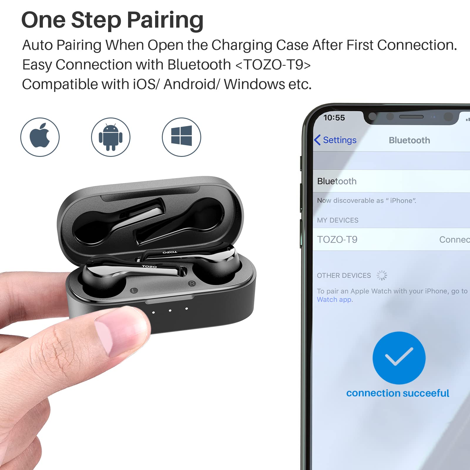 TOZO T9 True Wireless Earbuds with Active Noise Cancelling, 4 Mics for Crystal Clear Calls, Deep Bass, Bluetooth 5.3, IPX7 Waterproof, Wireless Charging Case - Black (Renewed) - Perfect for Workouts, Commuting & Travel