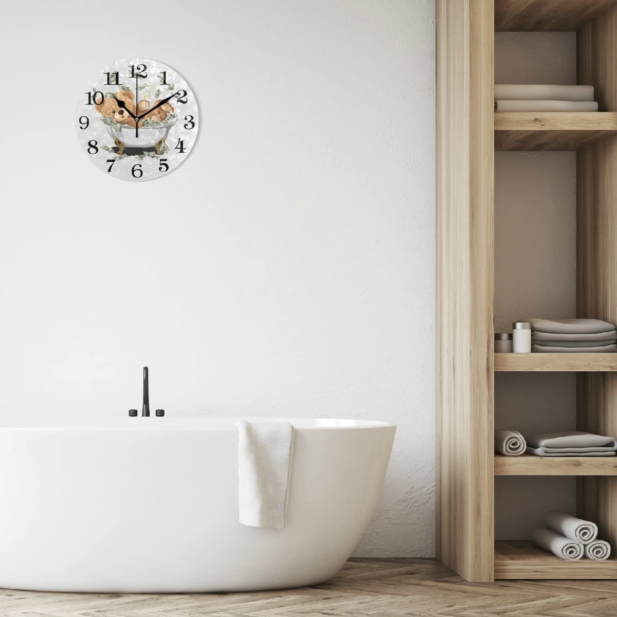 J JOYSAY 9.8 Inch Silent Non-Ticking Rustic Bear Wall Clock - Battery Operated Bathroom Clock for Home, Office, Bedroom & Kitchen Decor | Waterproof & Decorative Art Clock for Bathroom, Spa & Relaxation Areas