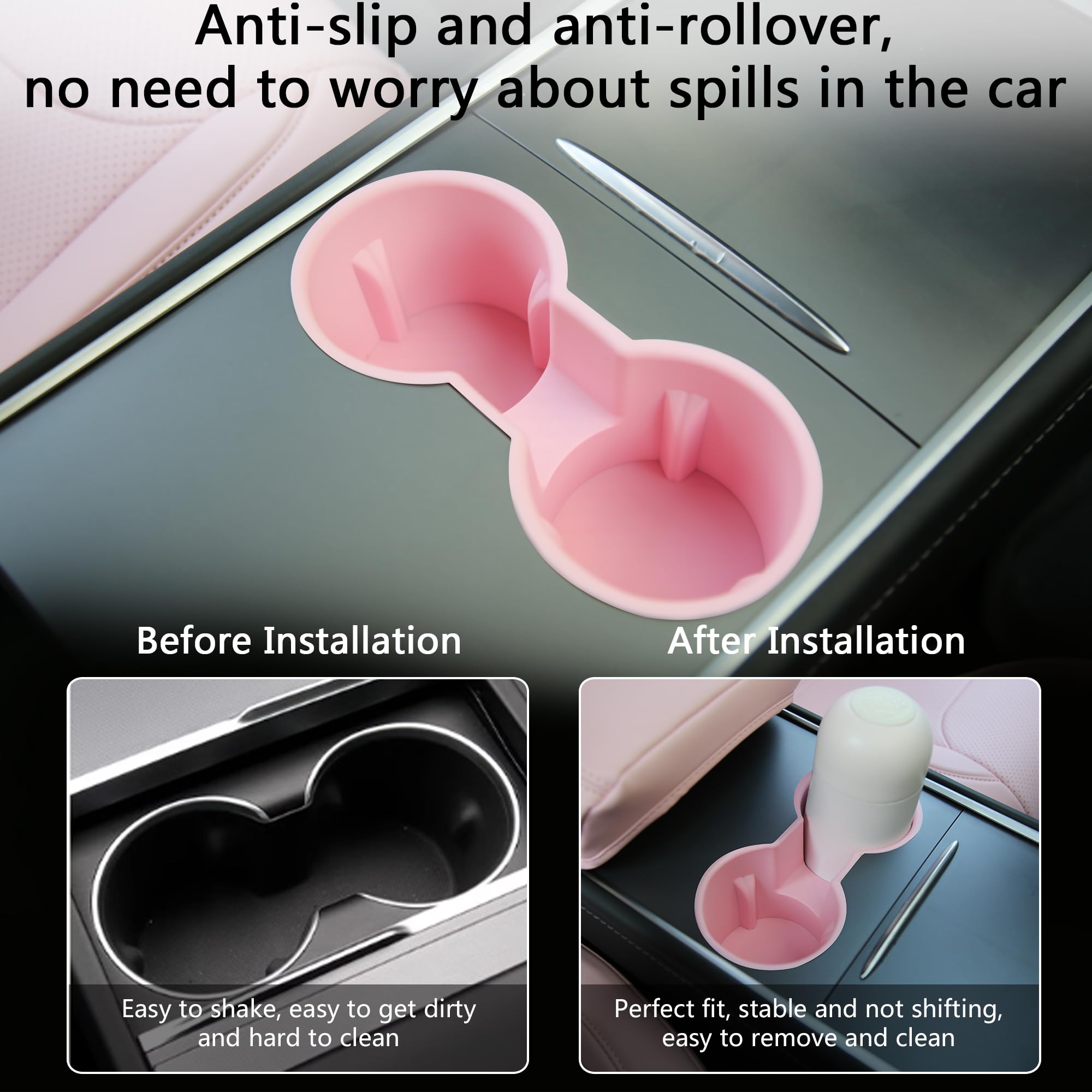 3PCS Tesla Model Y (2021-2024) & Model 3 (2021-2023) Center Console Organizer Set - Cup Holder Insert, Touchscreen Edge Protector, Anti-Slip Silicone Charging Mat in Pink | Interior Car Accessories for Organization & Phone Charging