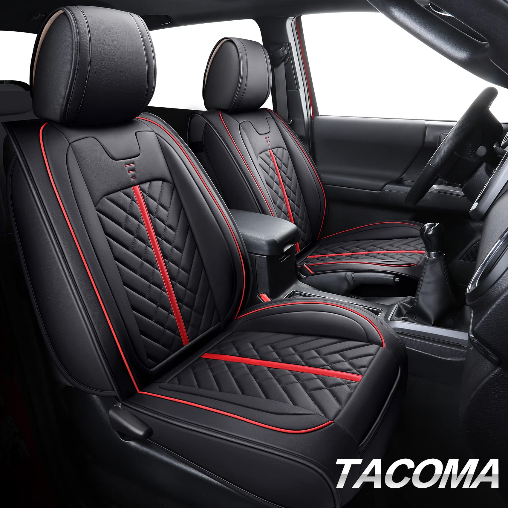 Premium Custom Fit Toyota Tacoma Seat Covers (2005-2025) - Black & Red TRD Style for Double Cab, Crew Cab, TRD Pro, Trail & Off-Road Editions | Durable 2-Piece Front Set for Enhanced Comfort & Protection During Daily Commutes, Off-Road Adventures & Work Trucks
