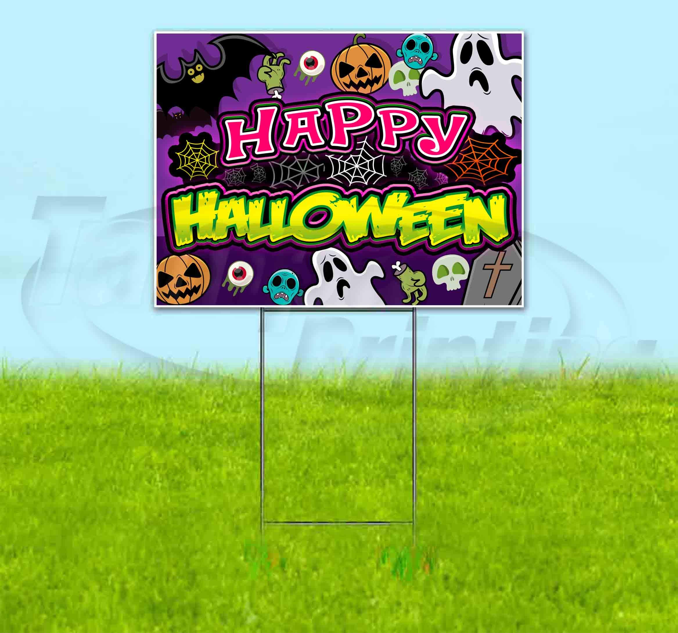 Happy Halloween V1 Purple 18x24 Inch Yard Sign with Metal Step Stake - Bulk Discounts & Multi-Packs - Durable Outdoor Halloween Decor for Lawn, Porch & Party Decorations