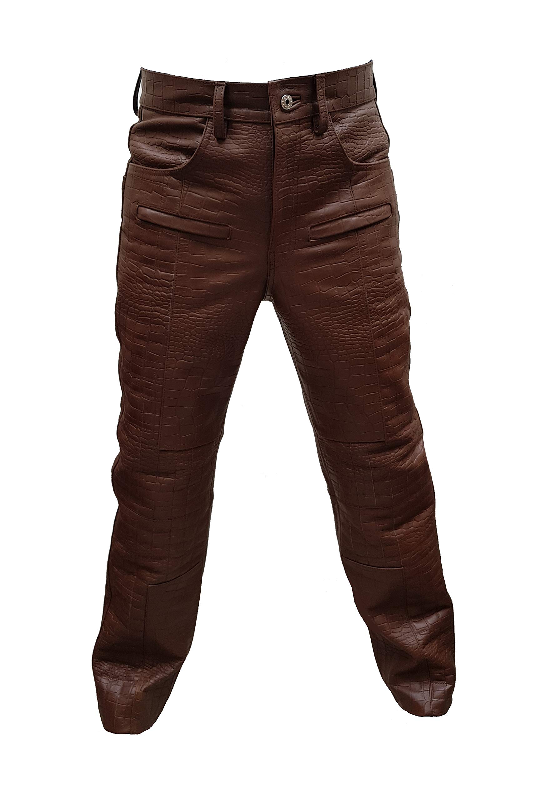 Men's Brown Crocodile Print Leather Quilted Motorcycle Jeans - Biker Pants for Riding & Casual Wear