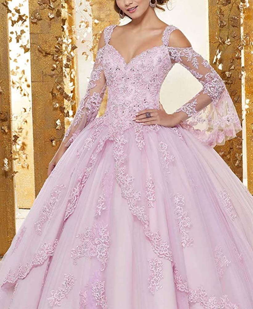 Elegant Light Blue Quinceanera Ball Gown Dress with Spaghetti Straps & Lace Applique - Women's Formal Prom, Wedding, Sweet 16 Party Dress