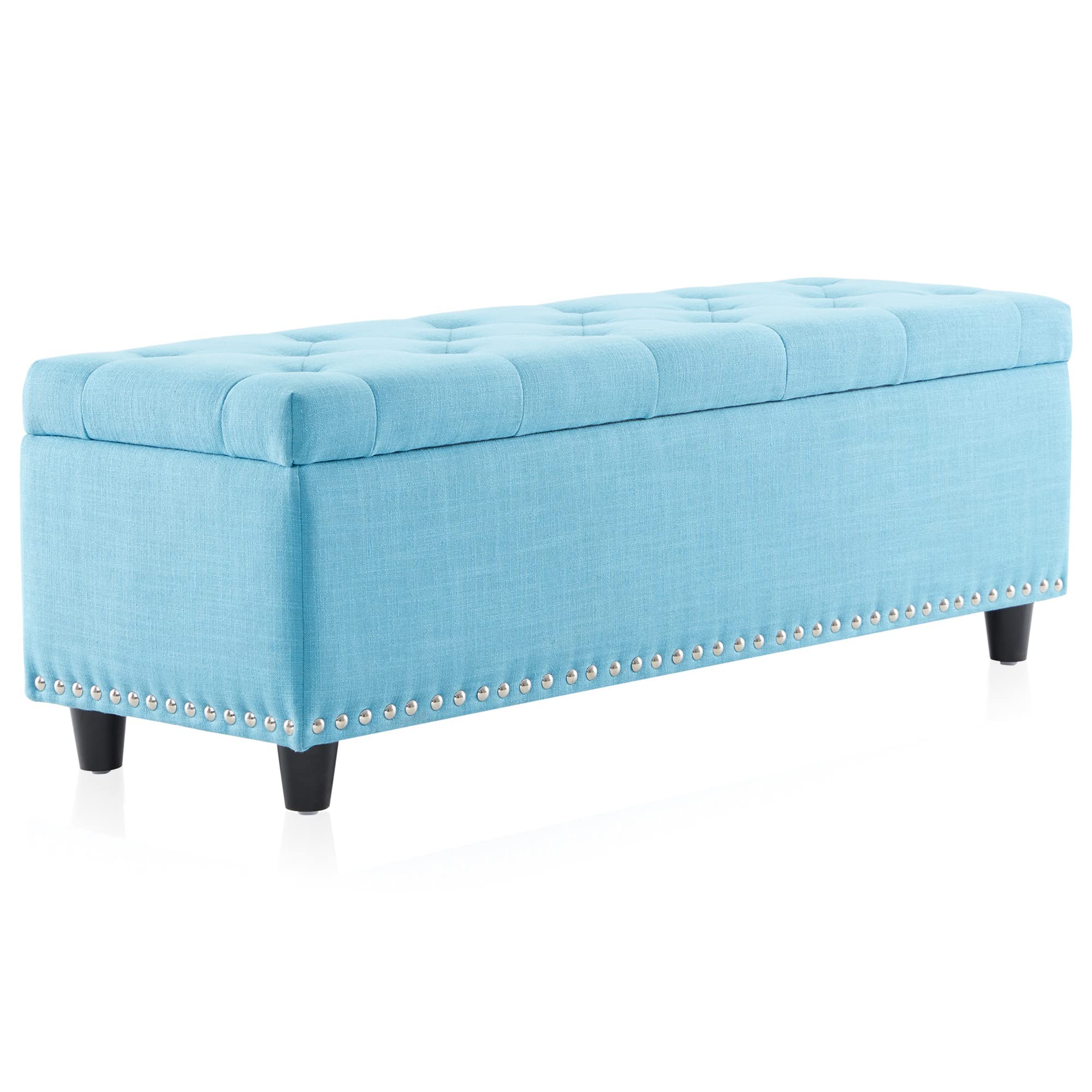 BELLEZE 47 Inch Storage Ottoman Bench - Button-Tufted Linen Upholstery with Safety Close Hinge, 300lbs Weight Capacity, Multi-Functional Footrest & Seating - Perfect for Living Room, Bedroom, Entryway & Hallway Organization (Blue)