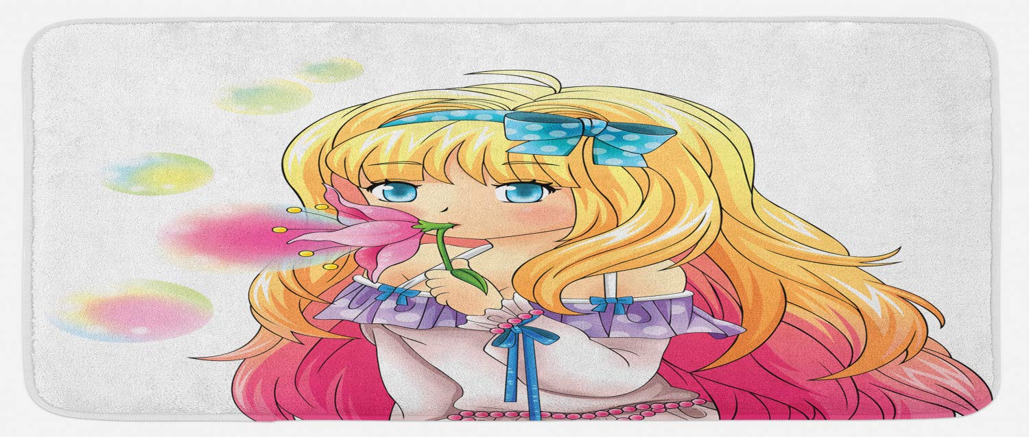 Ambesonne Anime Kitchen Mat - Non-Slip Plush Decorative Rug with Manga Girl Blowing Bubbles Japanese Art Print, 47x19 Inches, Pink & Yellow - Perfect for Anime Fans, Kitchen Decor, and Home Safety