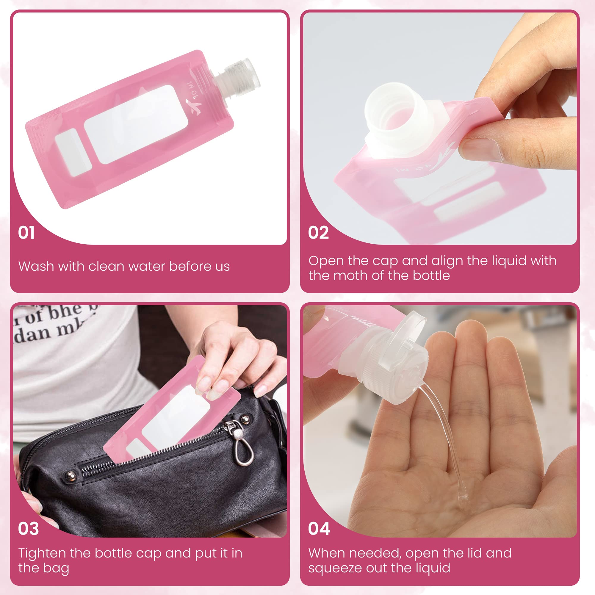 RONRONS 16 Pack Refillable Travel Size Squeeze Pouches - TSA Approved Leak Proof Cosmetic Containers for Shampoo, Lotion & Toiletries (Pink) - Perfect for Air Travel, Gym Bag & Vacation Essentials