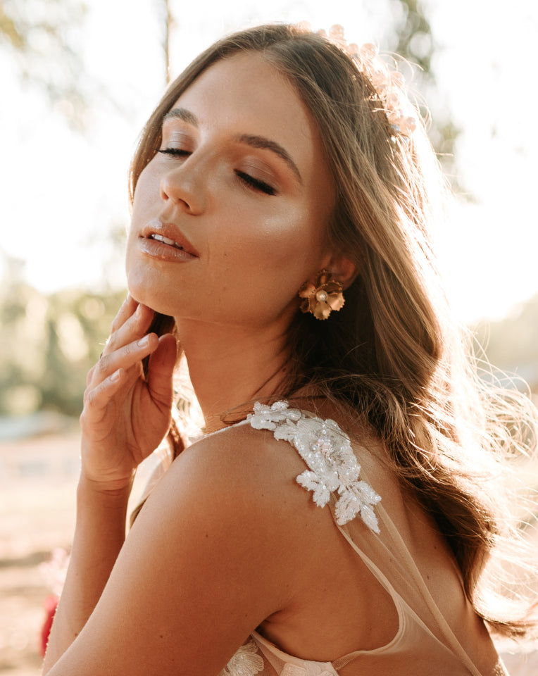 Elegant 3D Gold Petal Flower Bridal Earrings by Stephanie Browne - Perfect for Weddings, Prom & Special Occasions