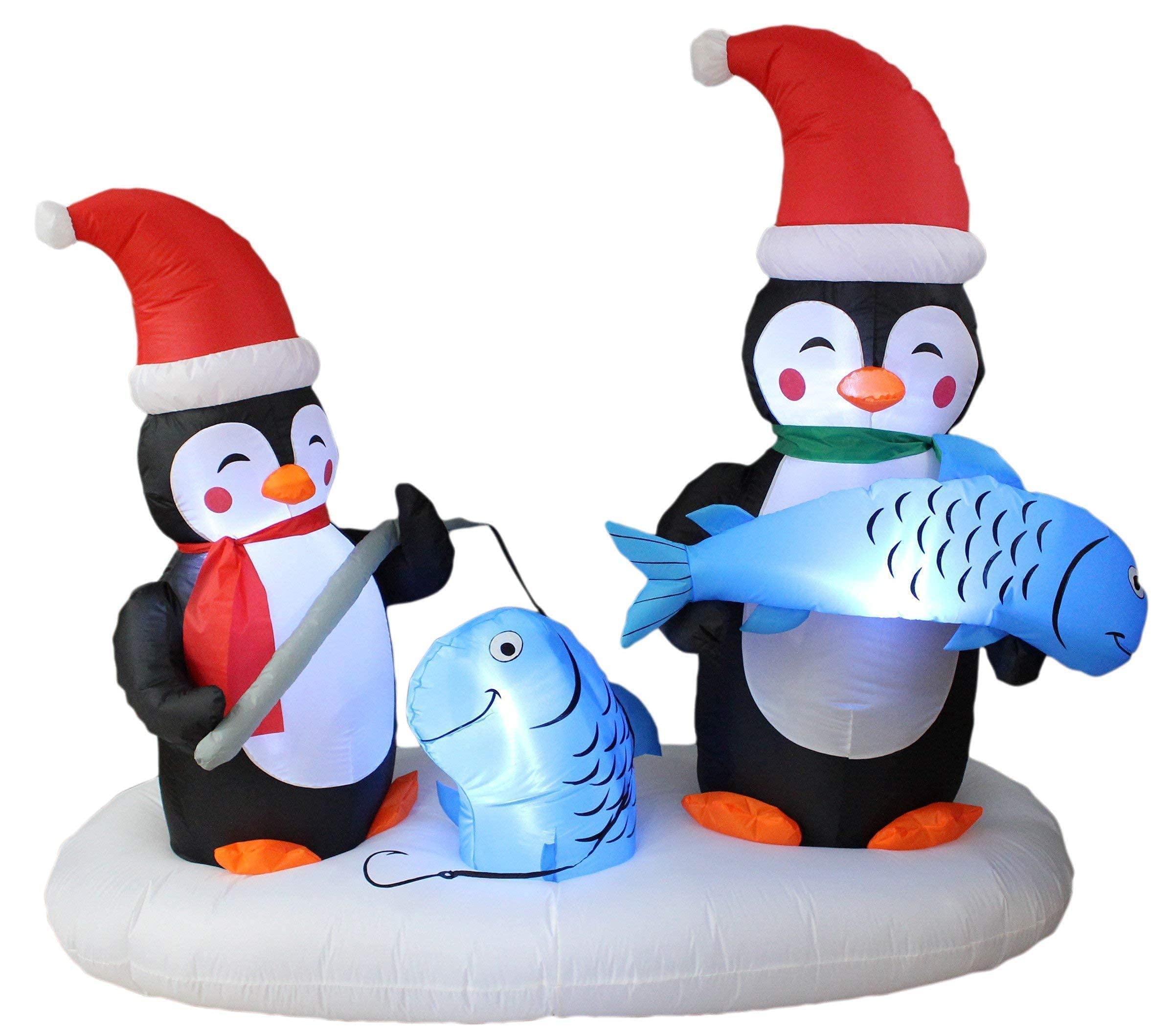 6ft Lighted Christmas Inflatable Penguin Fishing Decor & 5.3ft LED Santa Tractor with Penguin - Outdoor Holiday Party Decorations for Yard, Garden, and Christmas Festive Celebrations