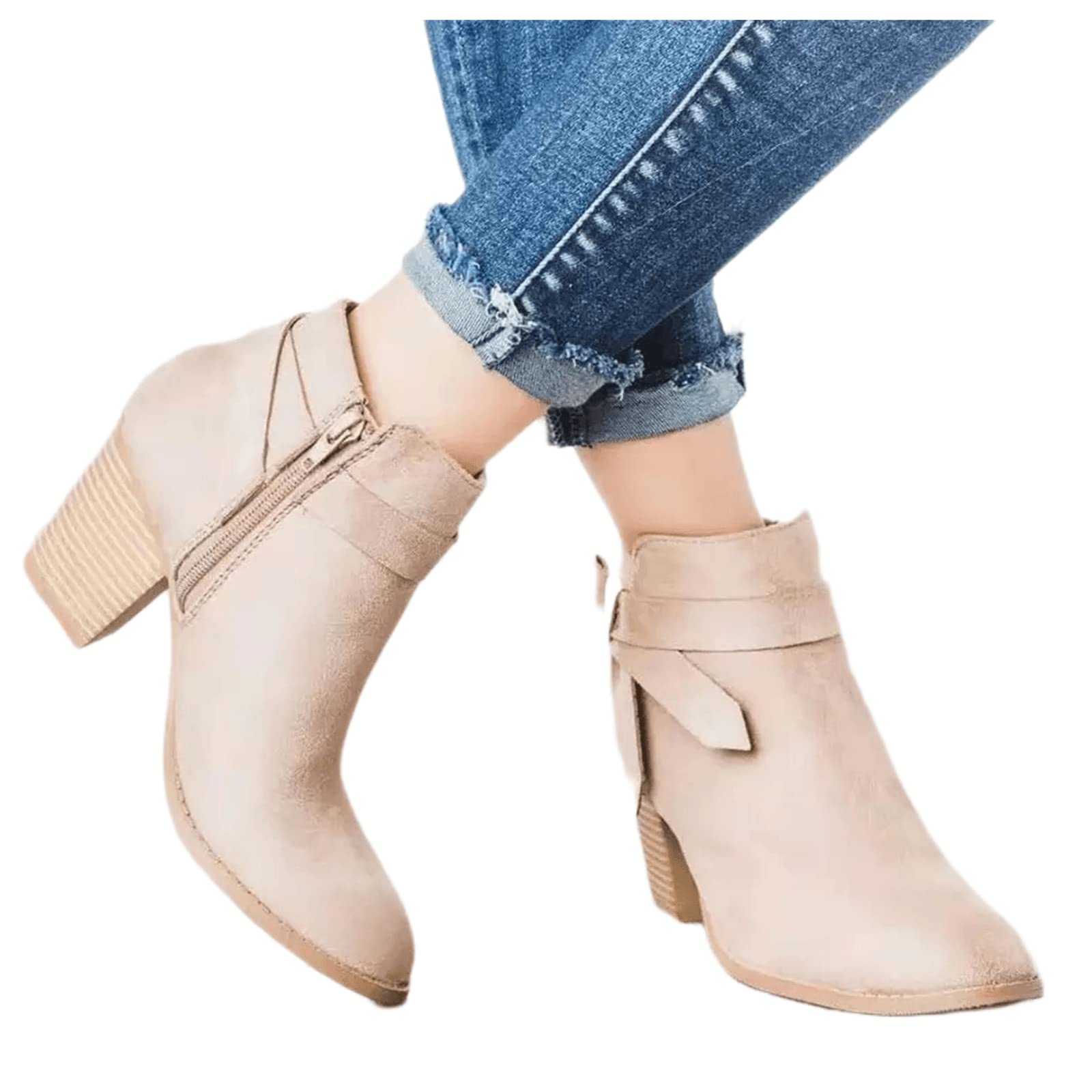 Lausiuoe Women's Ankle Boots - Chunky Heel Dressy Booties with Side Zipper, Wide Width & Pointed Toe - Western Style Short Boots for Work, Party & Casual Outfits