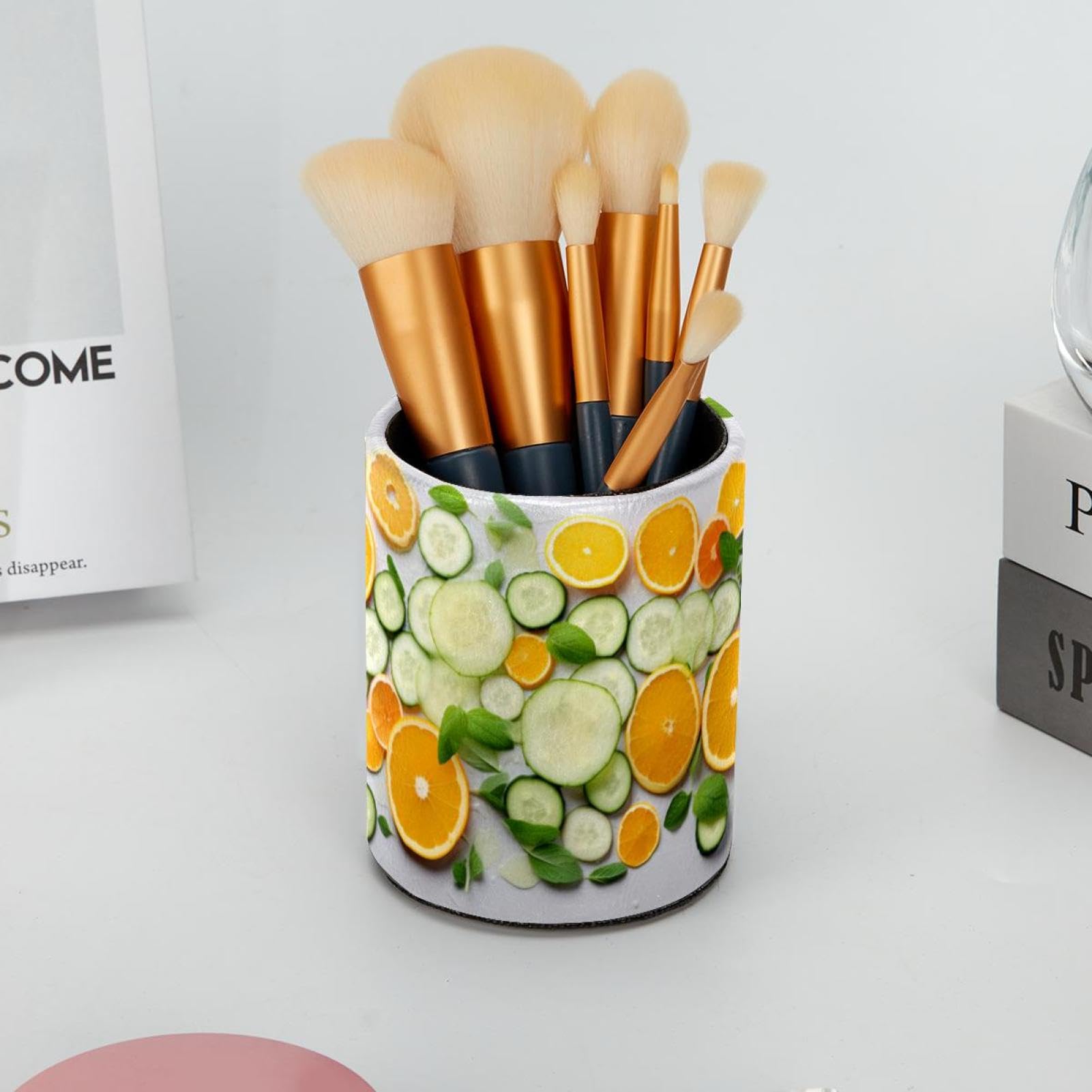 FVQL Pen Holder & Makeup Brush Organizer - Desk Pencil Cup with Orange & Cucumber Fruit Design - Perfect for Office, School, Vanity & Home Decor