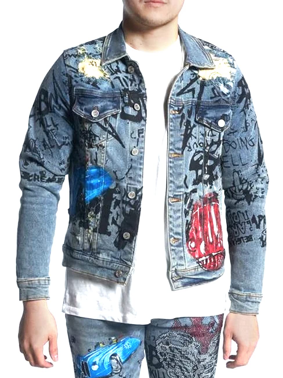 Stylish Embellished Fredo Men's Graphic Denim Jacket with Rhinestones in Blue | Trendy Casual Wear for Street Fashion & Night Out