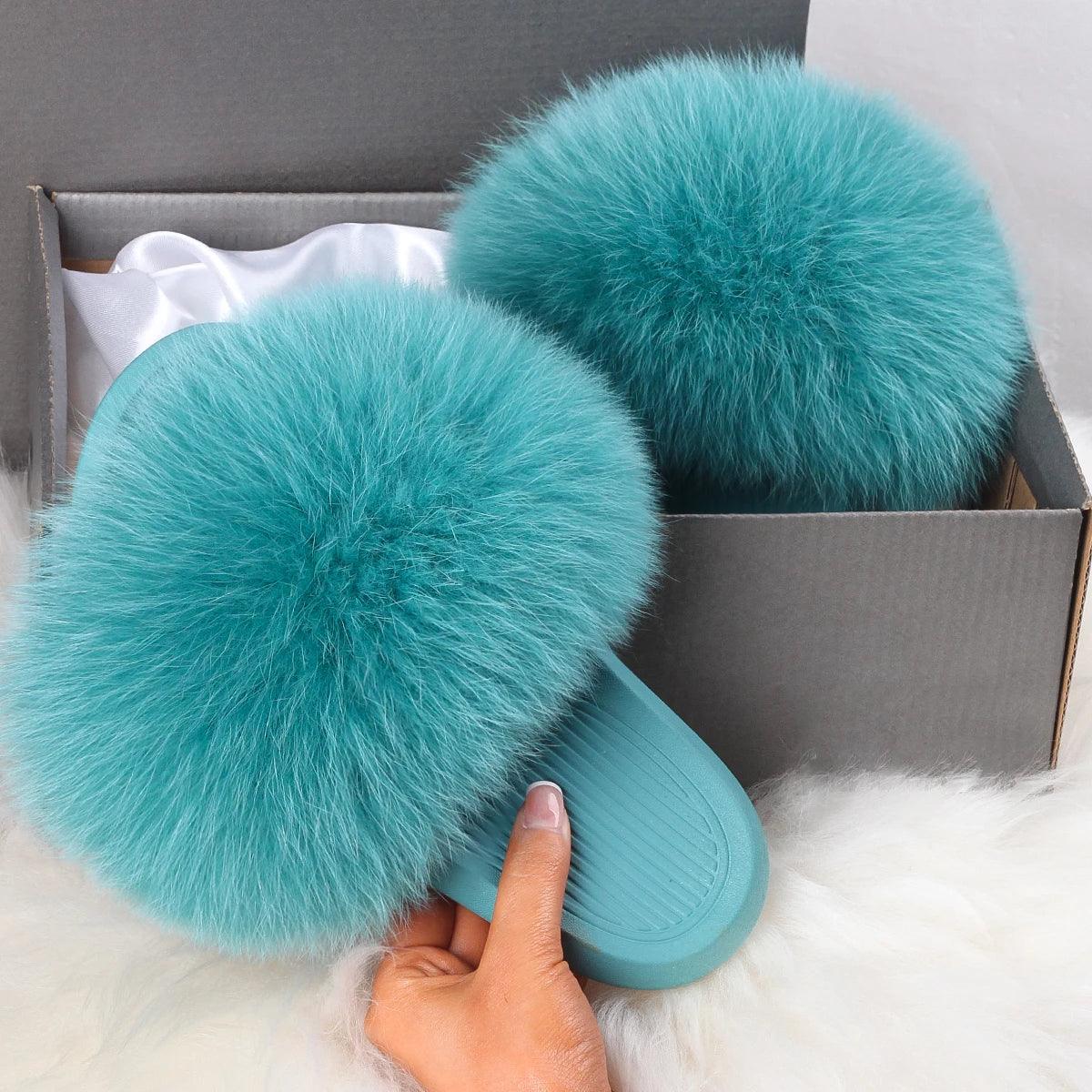 Women's Fluffy Fox Fur Slippers - Cozy Plush House Sandals for Indoor Comfort & Winter Warmth | Perfect for Lounge, Bedroom & Gift Giving