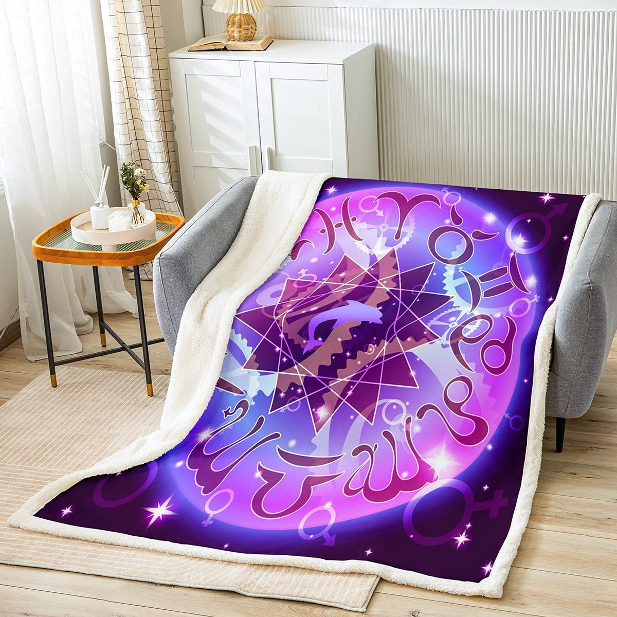 **12 Constellations Fleece Throw Blanket - Ultra Soft & Cozy Sherpa Blanket for Kids, Women & Adults - Galaxy Starry Sky Plush Blanket with Neon Gradient - Perfect for Sofa, Bed & Couch (30x40 Inches) - Ideal for Movie Nights, Camping & Home Decor**