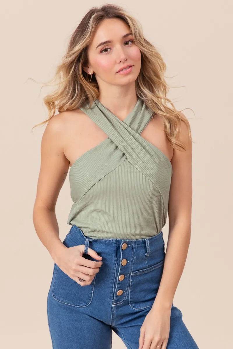 BiBi Rib Knit Cross Neck Banded Top - Women's Stretchy Casual T-Shirt for Everyday Wear | Perfect for Layering, Office & Weekend Outfits