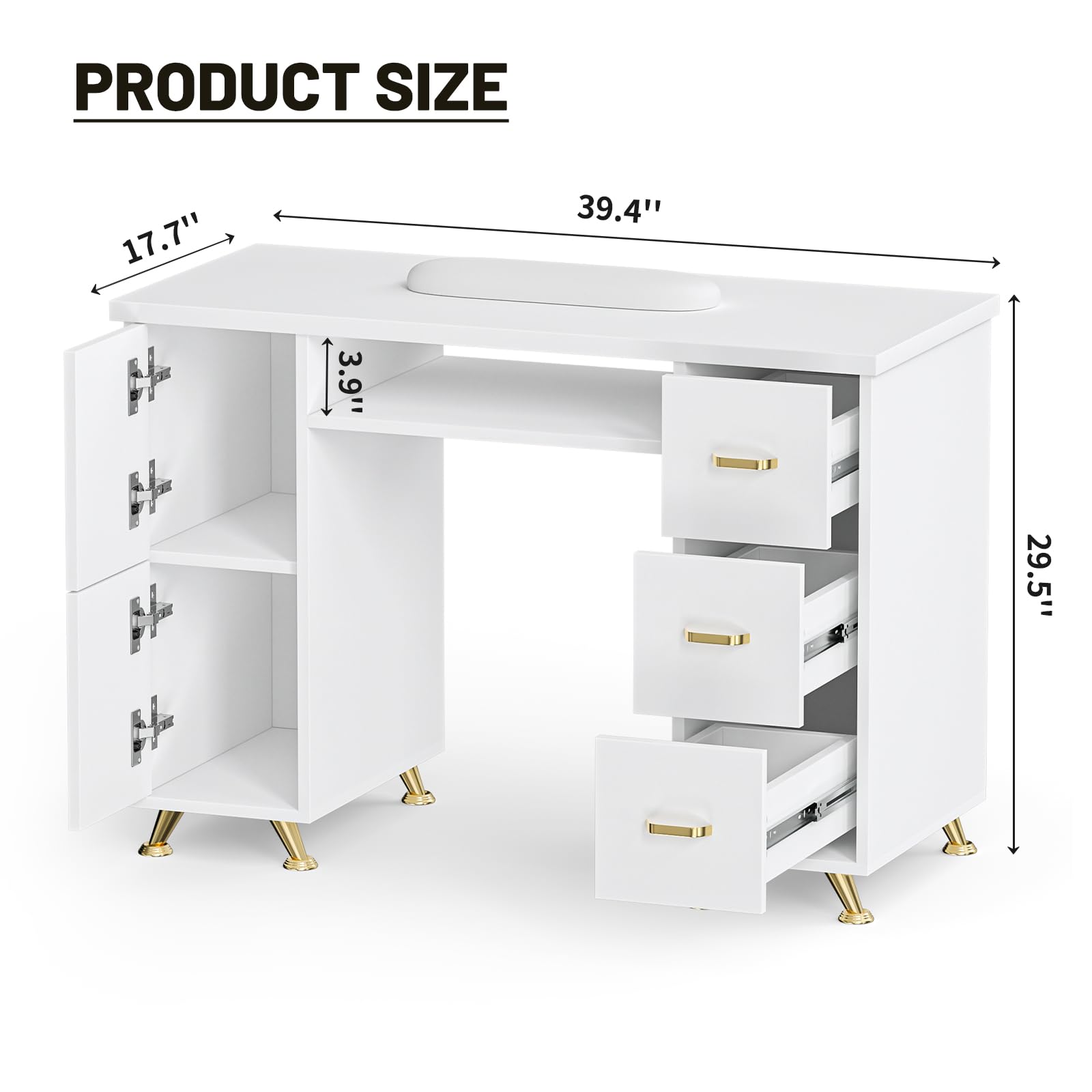 Professional Manicure Table for Nail Technicians - Double Layered Nail Salon Desk with Wrist Cushion, 3 Drawers & 2 Cabinets - Acetone Resistant Beauty Station for Salon Storage & Organization | Perfect for Home & Professional Nail Studios