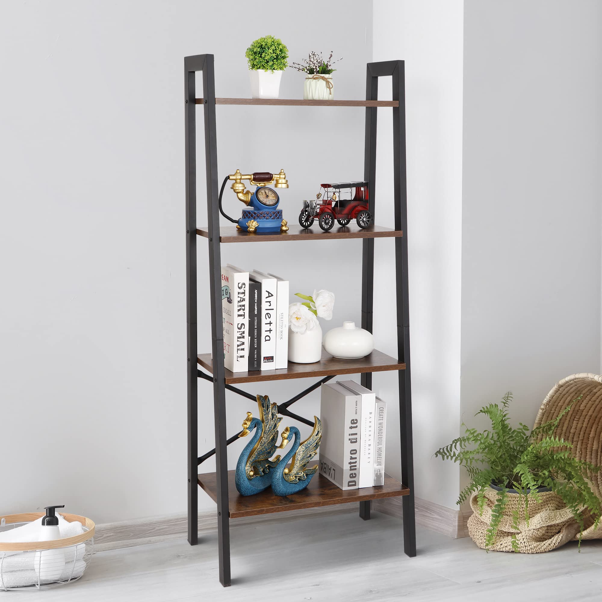 ZenStyle 4-Tier Rustic Ladder Bookshelf - Wood & Metal Leaning Wall Shelf for Home Storage, Decor, Plants | Perfect for Living Room, Bedroom, Office, Kitchen & Bathroom Organization | Space-Saving Corner Bookcase for Books, Flowers & Display
