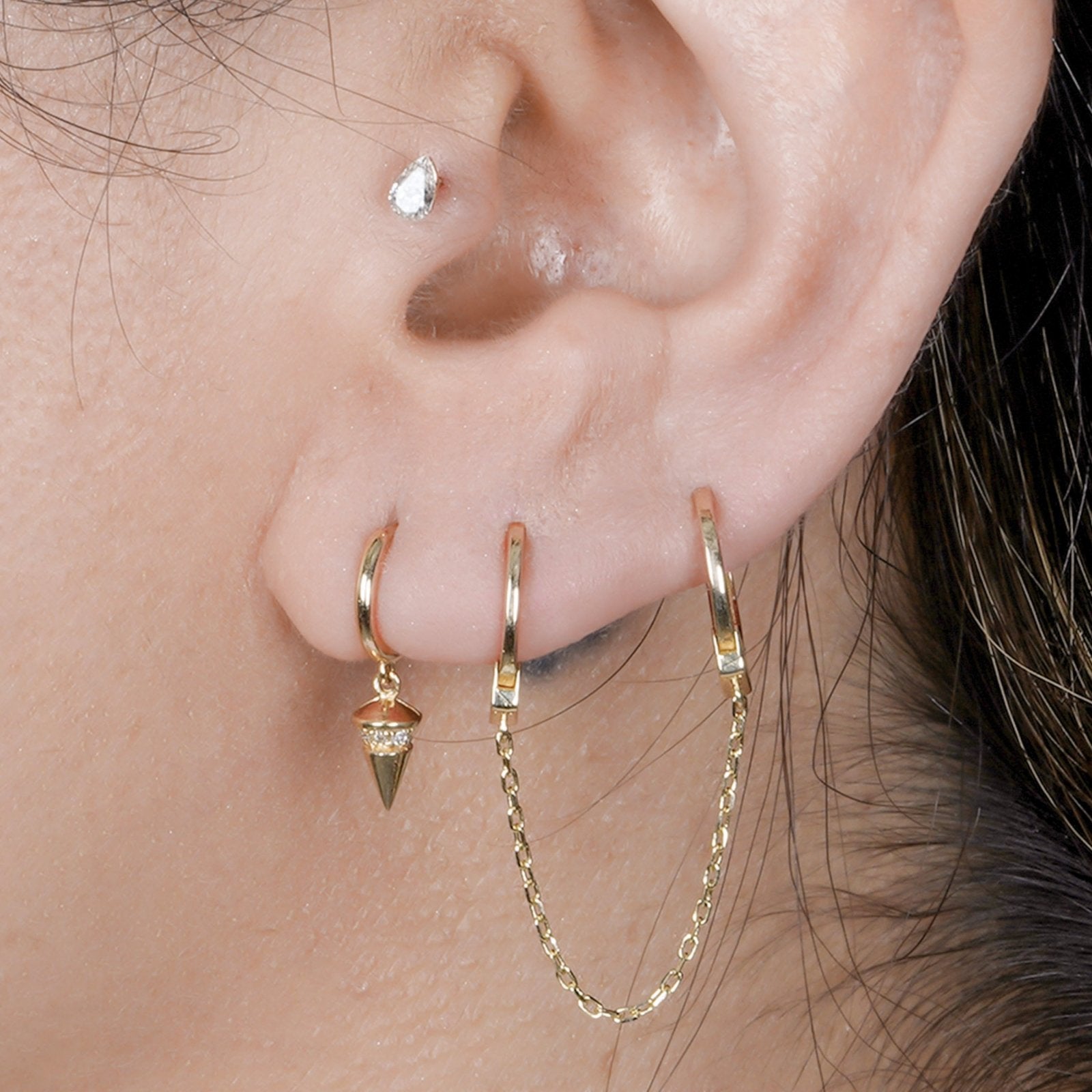 14k Solid Yellow Gold Handcuff Double Hoop Earrings with Chain - Trendy Statement Jewelry for Women, Perfect for Parties, Date Nights & Everyday Wear