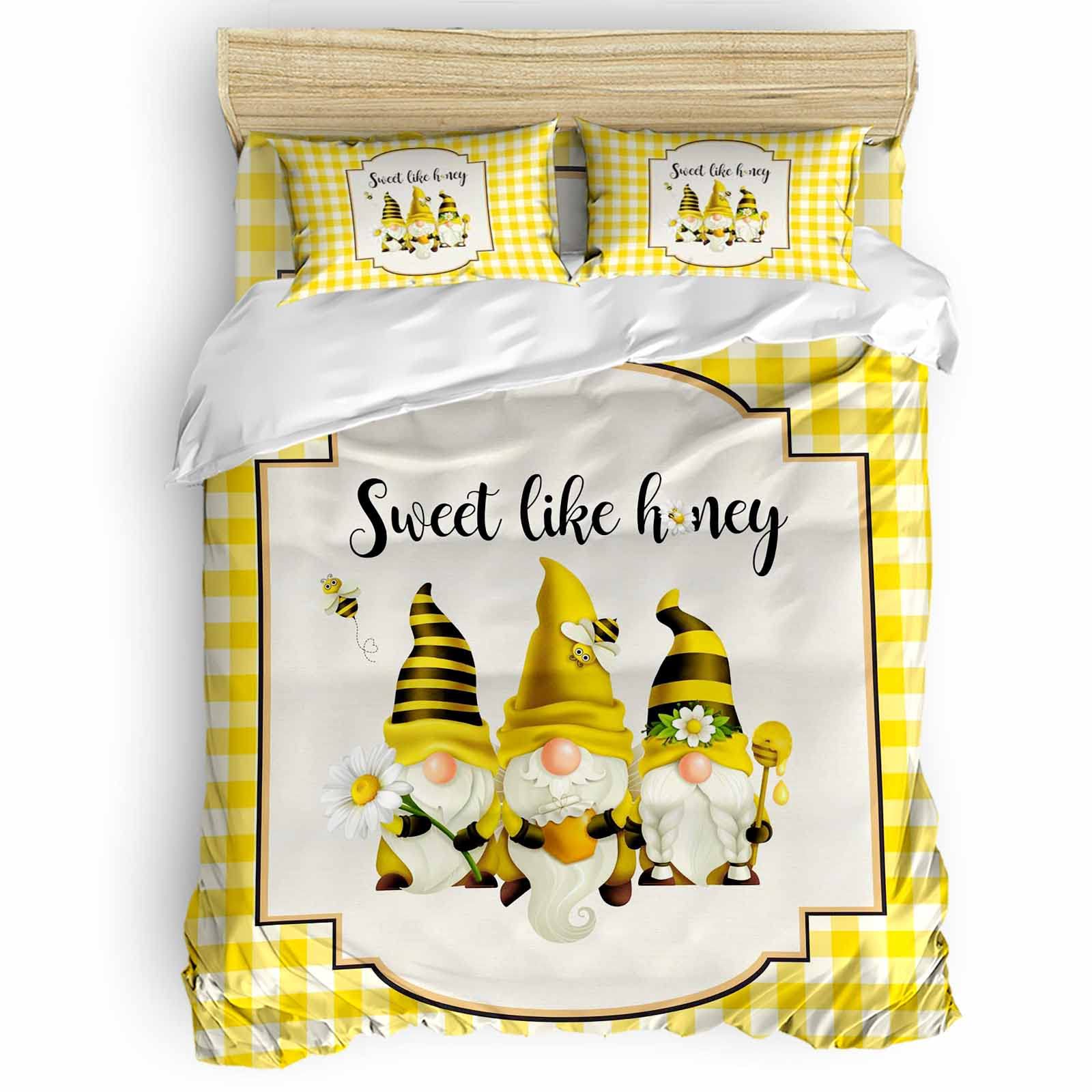 Sweet Like Honey Summer Bee Gnome Daisy Yellow Buffalo Check Plaid Duvet Cover 4-Piece Set with Zipper Closure & Corner Ties - California King Size Bedding for Spring & Summer Decor