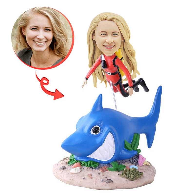 Custom Red Scuba Diving Wetsuit with Shark Bobblehead - Perfect for Underwater Adventures, Diving Enthusiasts & Shark Lovers