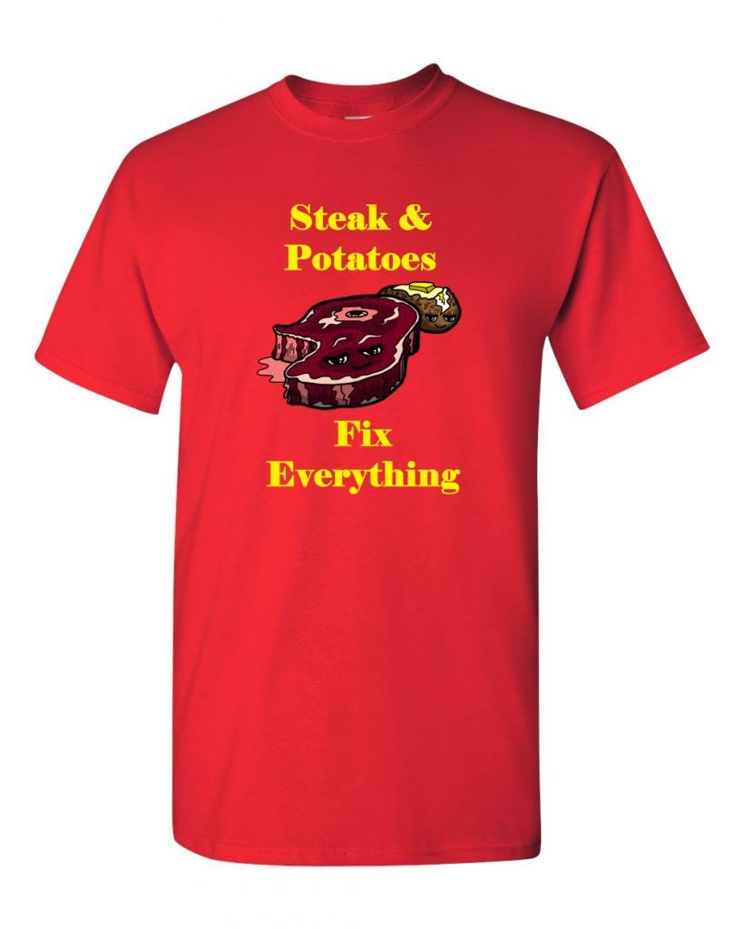 Steak and Potatoes Fix Everything Funny Adult T-Shirt - Comfortable Cotton Tee for Casual Wear, Gifts & BBQ Parties