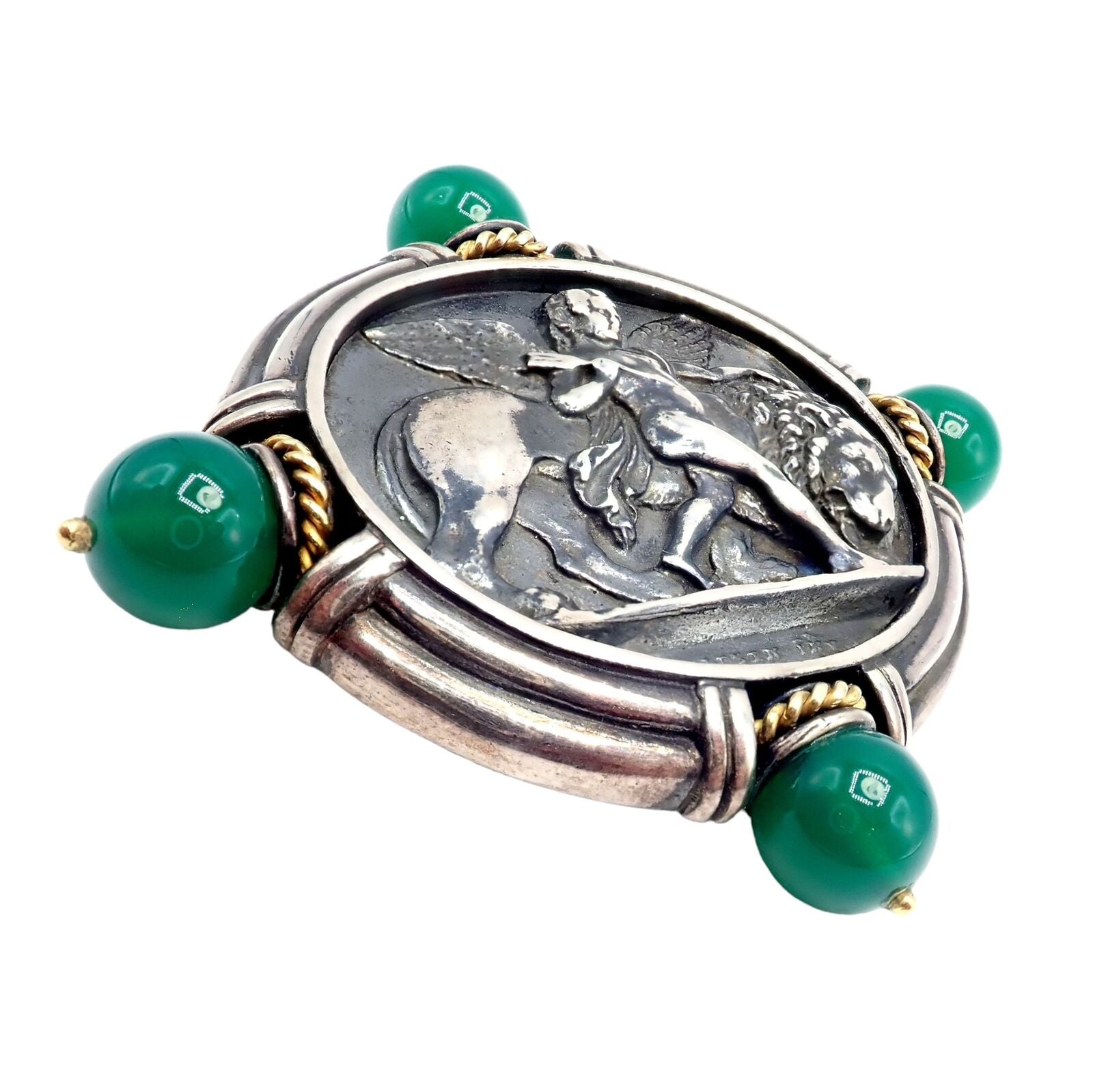 Authentic 18k Yellow Gold & Silver Large Medallion Chrysoprase Brooch - SeidenGang Vintage Jewelry for Women, Perfect for Weddings, Parties & Special Occasions