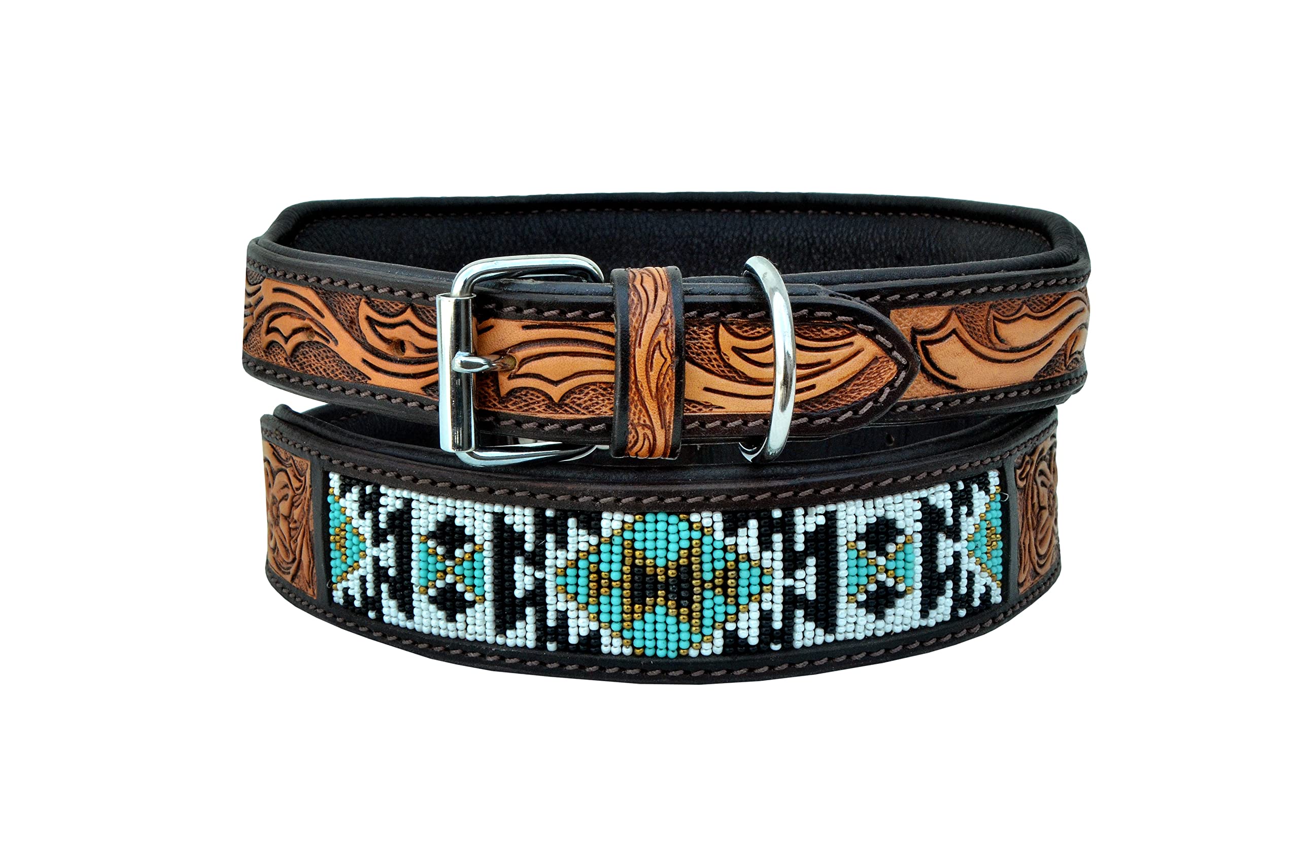 Western Style Leather Dog Collar - Heavy Duty Hand Tooled Adjustable Beaded & Padded Soft Collar for Puppies & Large Dogs | Perfect for Training, Walks & Outdoor Adventures (10AB006)