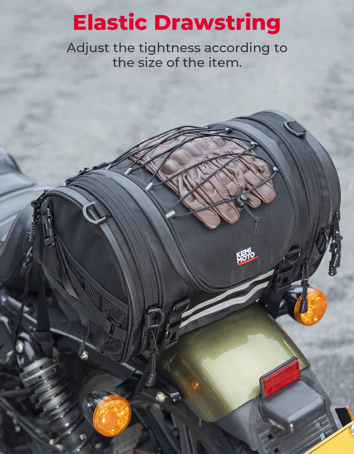 KEMIMOTO 25L Expandable Motorcycle Tail Bag - Waterproof Travel Luggage with 4 Straps for Sissy Bar & Rear Seat Storage | Perfect for Road Trips, Commuting & Helmet Storage