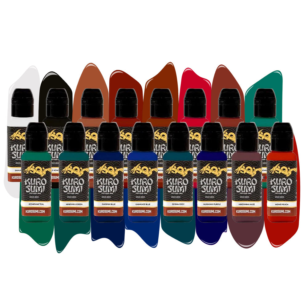 Kuro Sumi Tattoo Ink - 16 Color Primary Set #2 - Professional Tattoo Artist Supplies - Choose Your Size for Permanent Makeup & Body Art