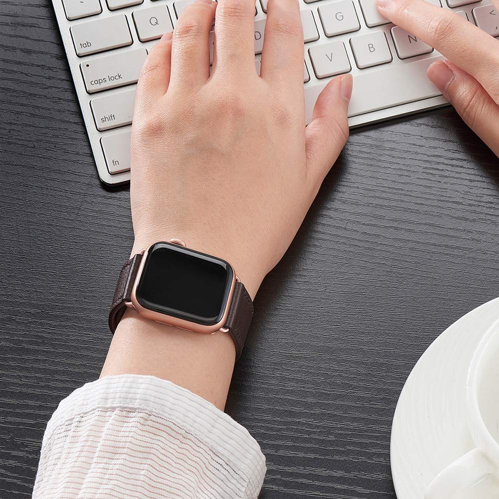 Premium Genuine Leather Apple Watch Bands for Women & Men - Compatible with iWatch Ultra, SE, Series 9/8/7/6/5/4/3/2 (45mm, 44mm, 42mm, 41mm, 40mm, 38mm) - Coffee & Rose Gold - Perfect for Workouts, Office & Everyday Wear