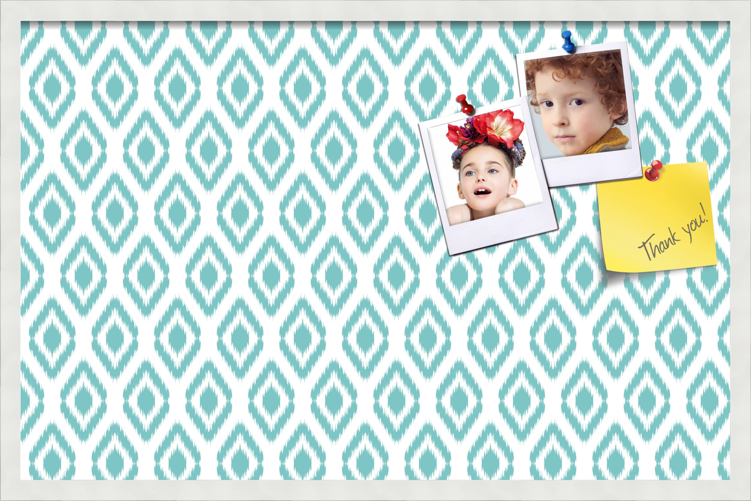 PinPix 34x22 Inch Cork Bulletin Board with Ikat Aqua Design & Satin White Frame - Decorative Wall Pin Board for Home Office Decor, School Classroom, Dorm Room Organization & Message Display