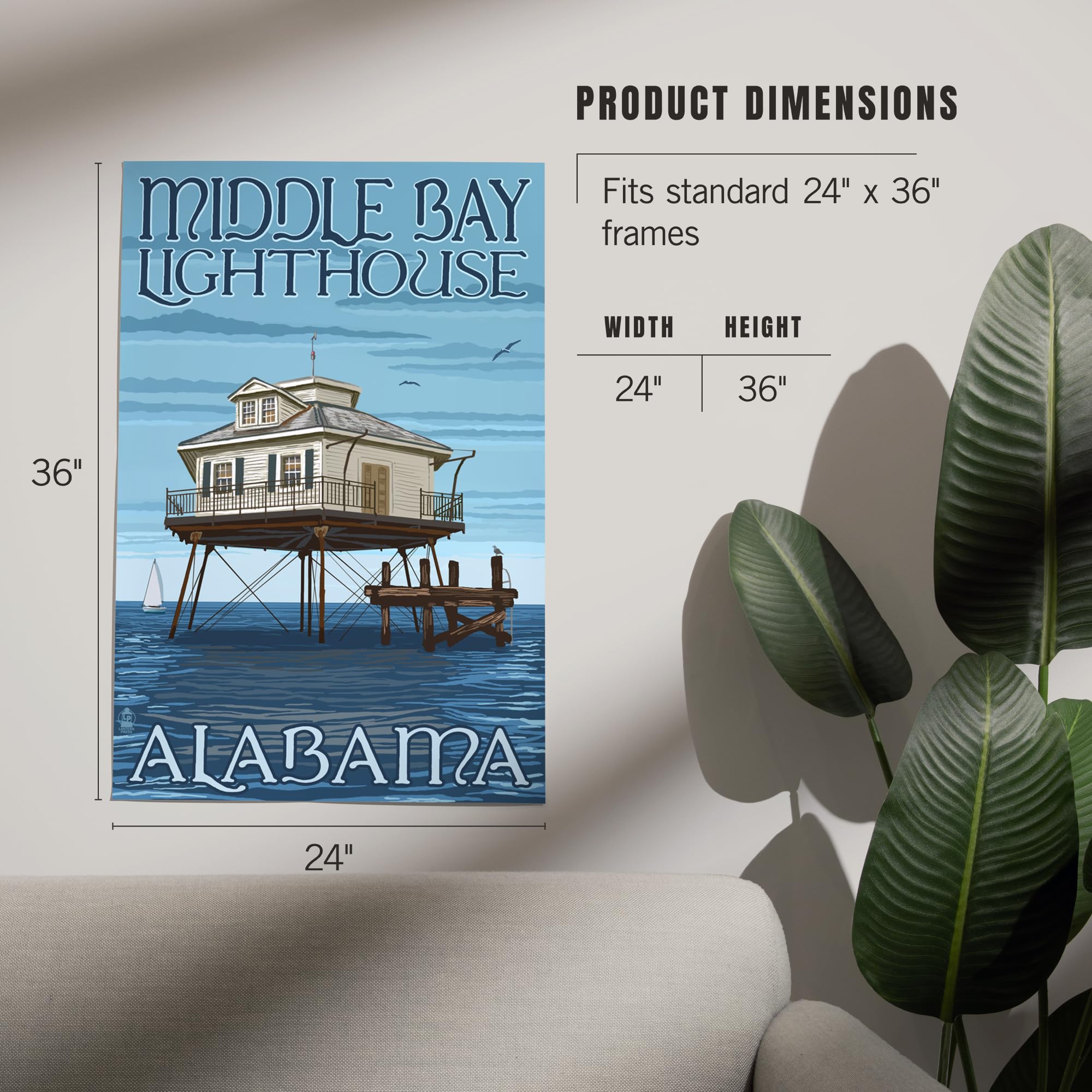 Lantern Press 24x36 Inch Giclee Art Print - Alabama Middle Bay Lighthouse Wall Decor | Coastal Home & Office Artwork | Perfect for Living Room, Bedroom or Beach House