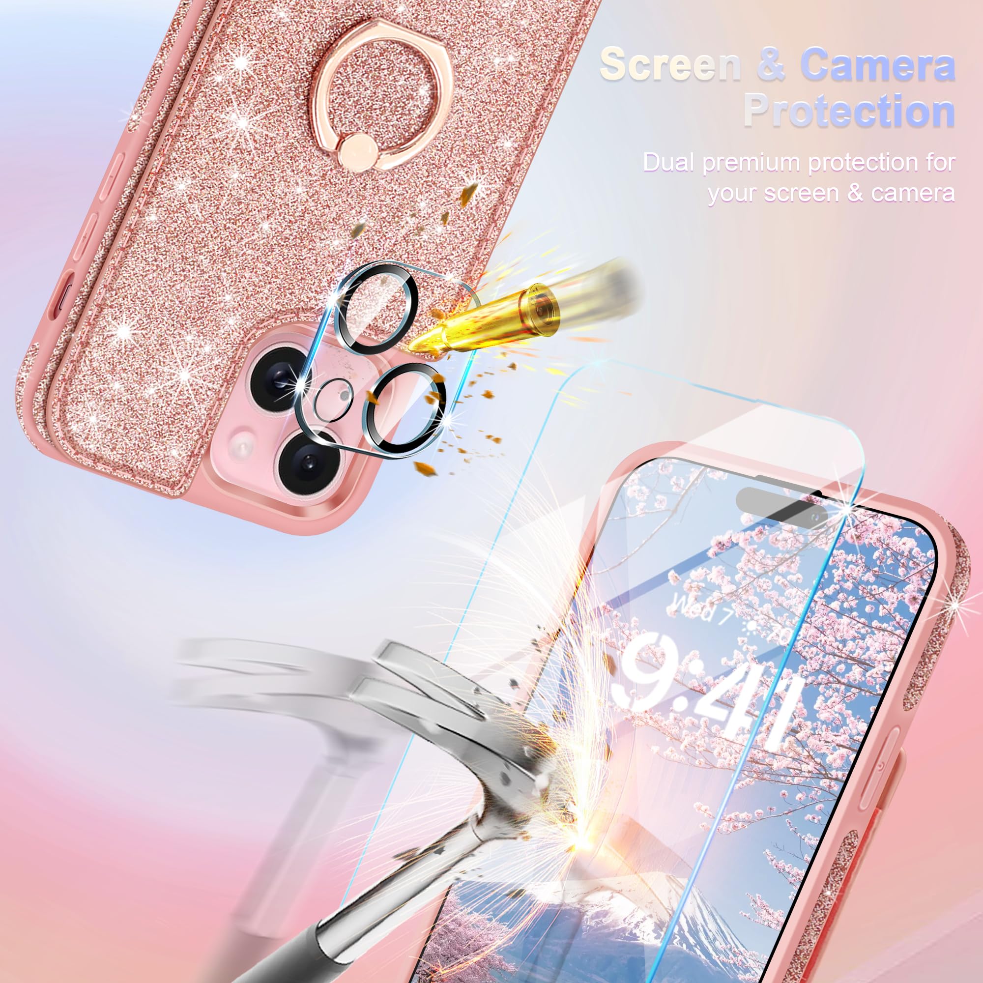 Shockproof Glitter Cute iPhone 15 Plus Wallet Case (6.7 Inch) with Screen Protector, Camera Lens Protector & 360° Ring Stand - Rose Gold | Perfect for Everyday Use, Travel, and Hands-Free Viewing