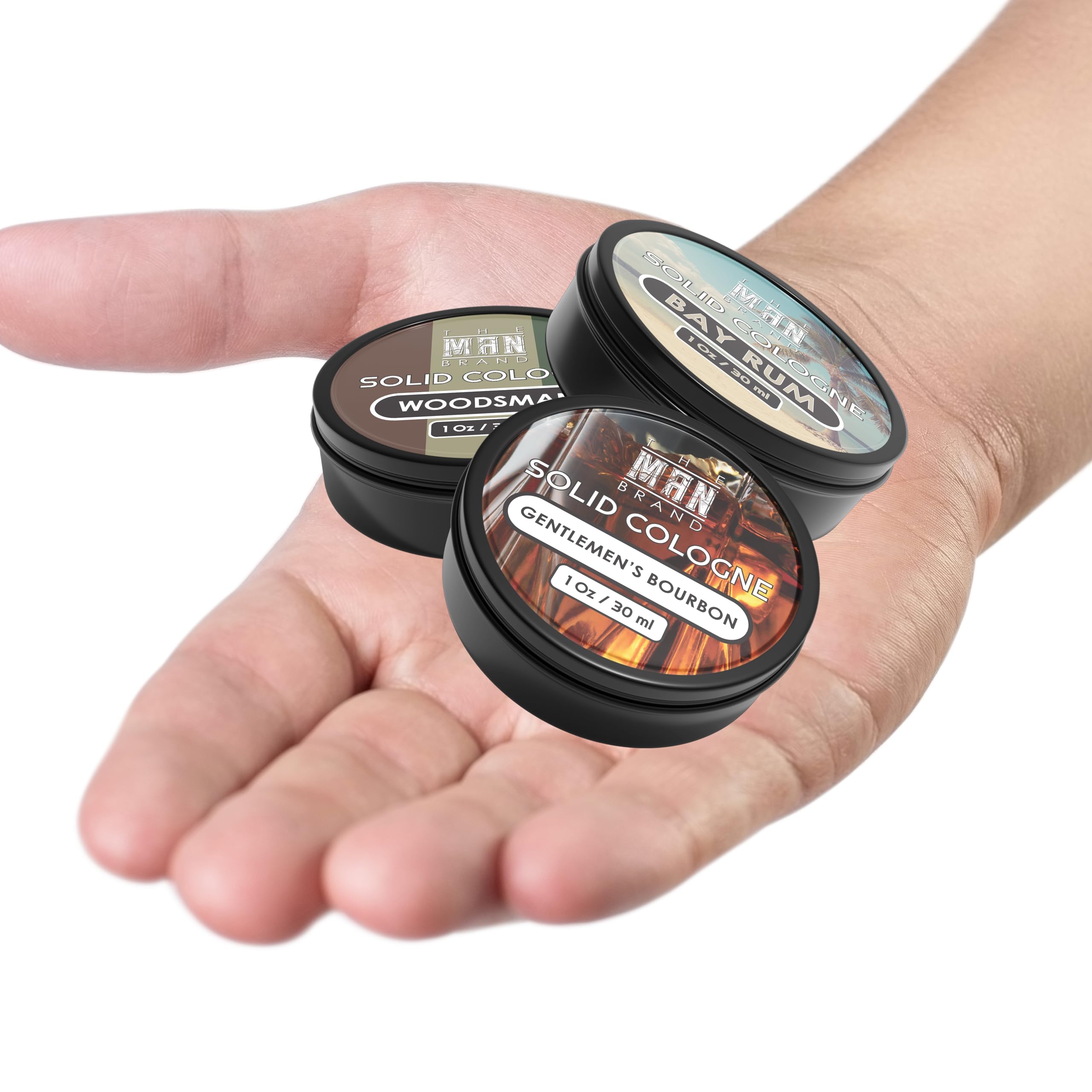 Men's Solid Cologne Sample Set - Bourbon, Bay Rum & Woodsman Fragrance (1oz Pack of 3) | Long-Lasting Natural Perfume for Travel, Gym & Daily Use | Gentlemen's Gift Set