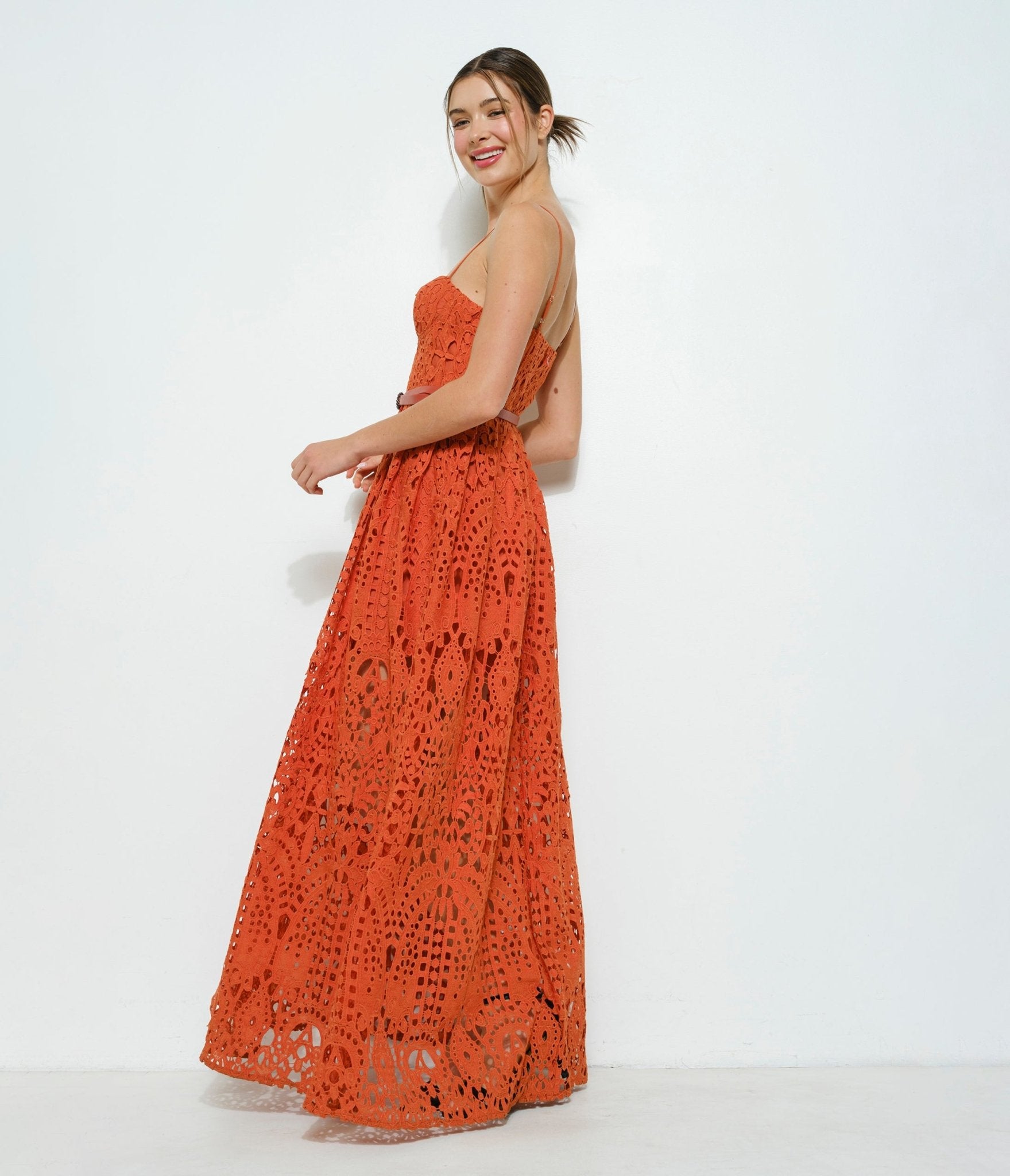 Elegant Orange Brown Lace Belted Maxi Dress for Women - Boho Chic Summer Beach Wedding Party Dress