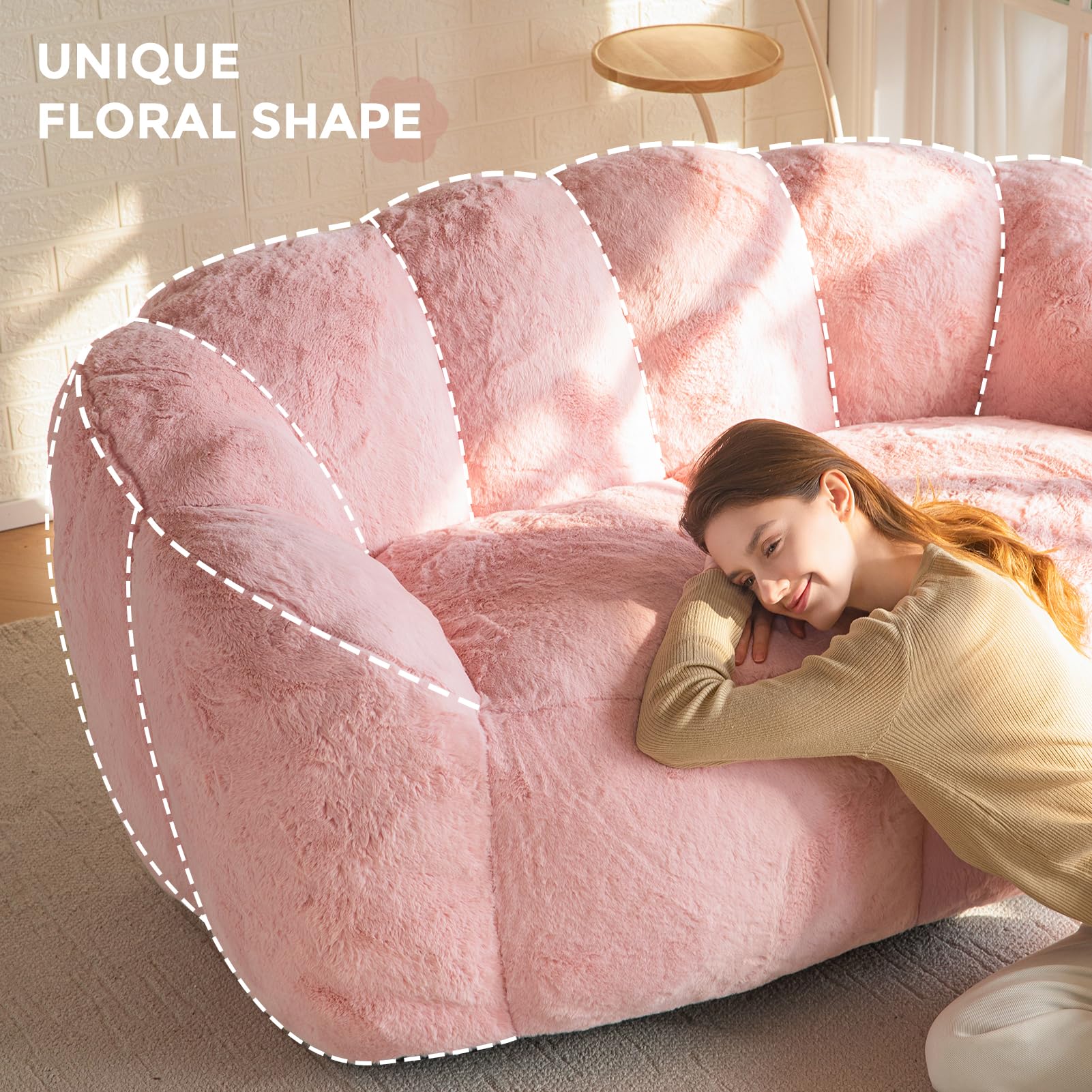 MAXYOYO Ultra Soft Faux Fur Bean Bag Chair - Double Size Loveseat with Floral Petal Back Design for Adults (Pink) | Perfect for Living Room, Bedroom, Dorm & Game Room Relaxation